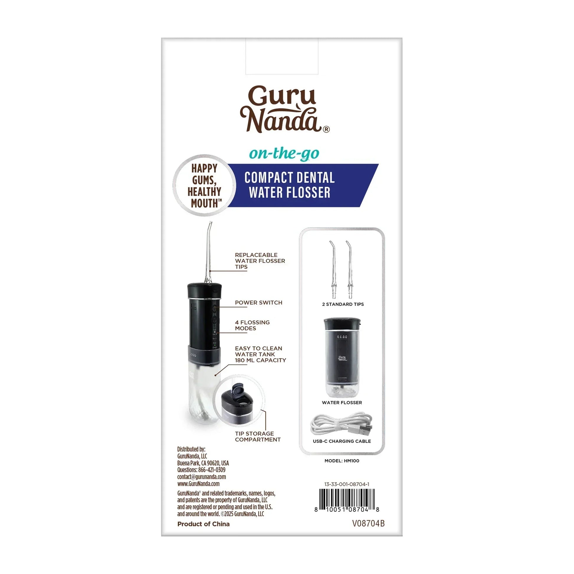 Retail box packaging for compact dental water flosser, with unit pictured