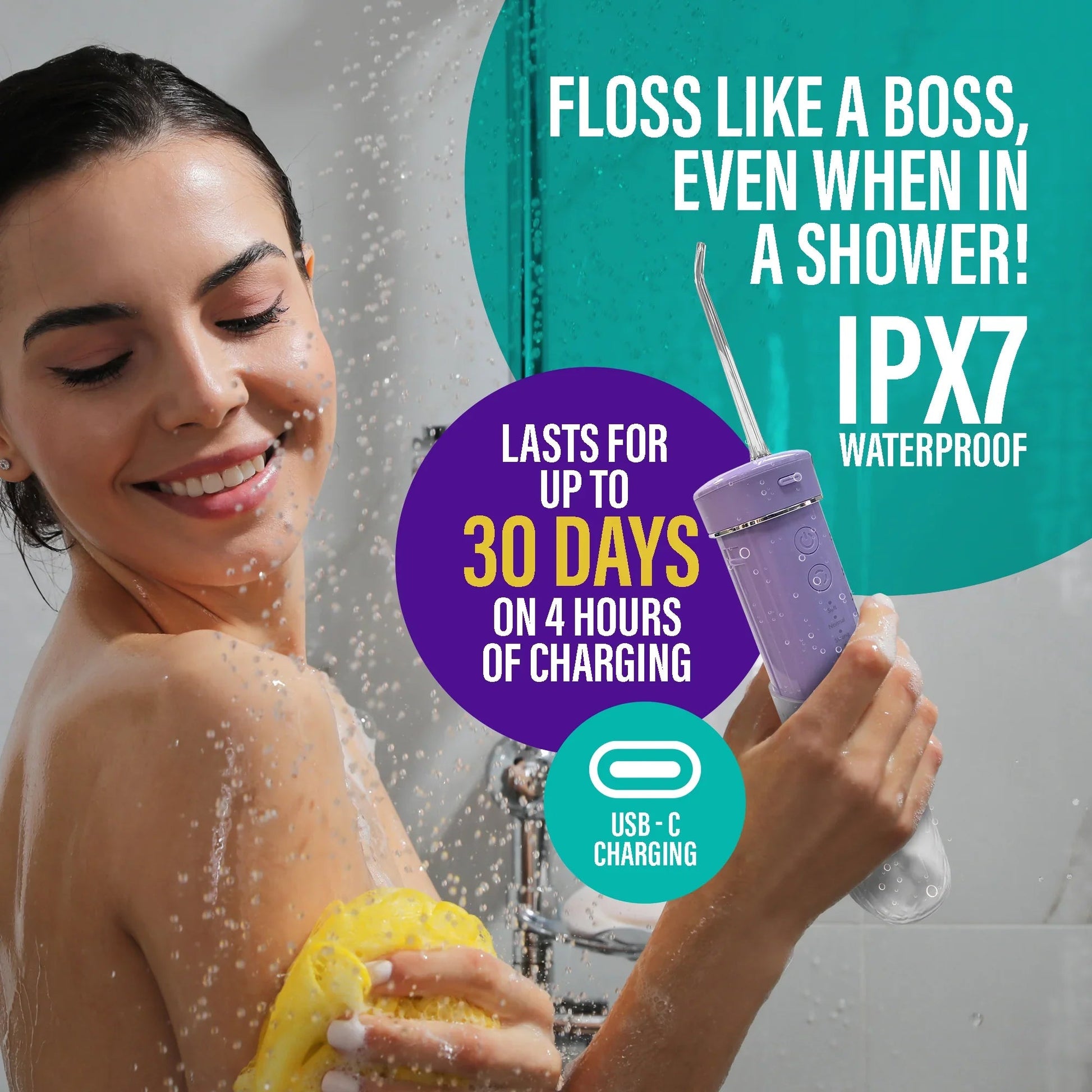 Lavender waterproof compact dental water flosser held in hand near shower
