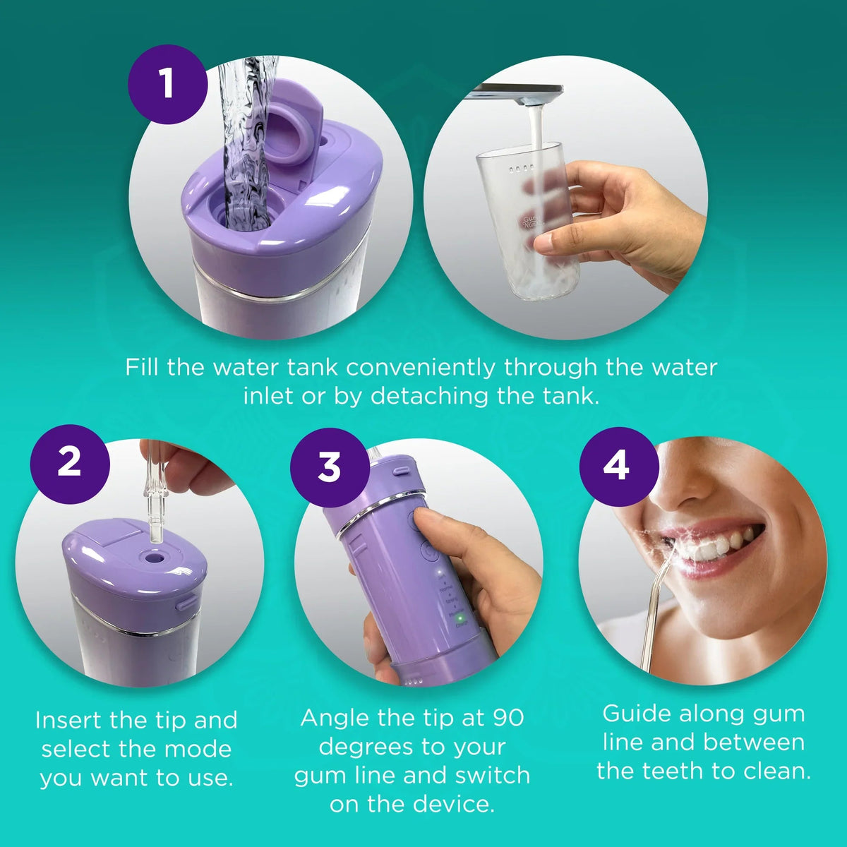 Lavender compact dental water flosser steps: fill tank, insert tip, use mode switch