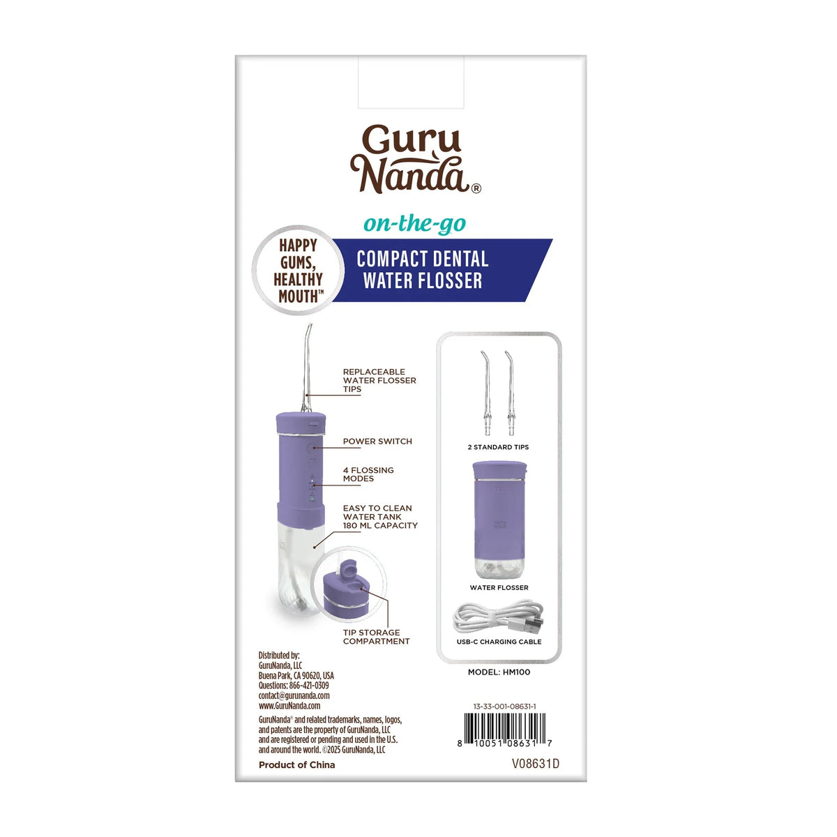 Retail box for a compact dental water flosser with lavender product images