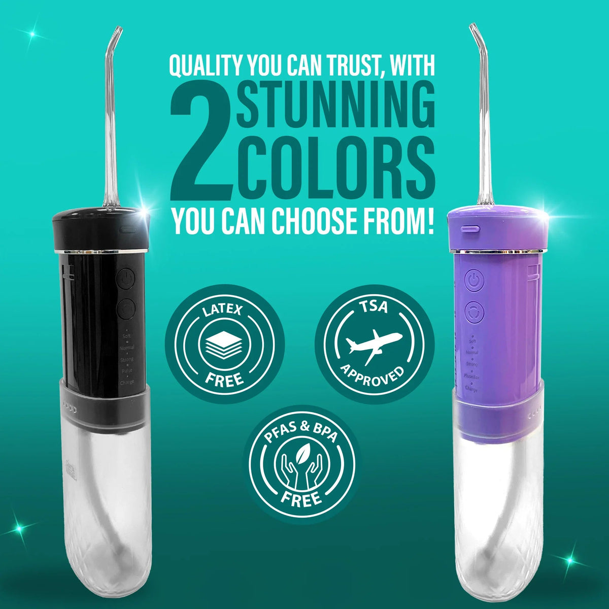 Black and lavender compact dental water flosser units with slim nozzles