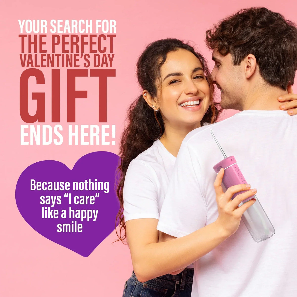 Pink compact dental water flosser gift with transparent tank in a couple photo