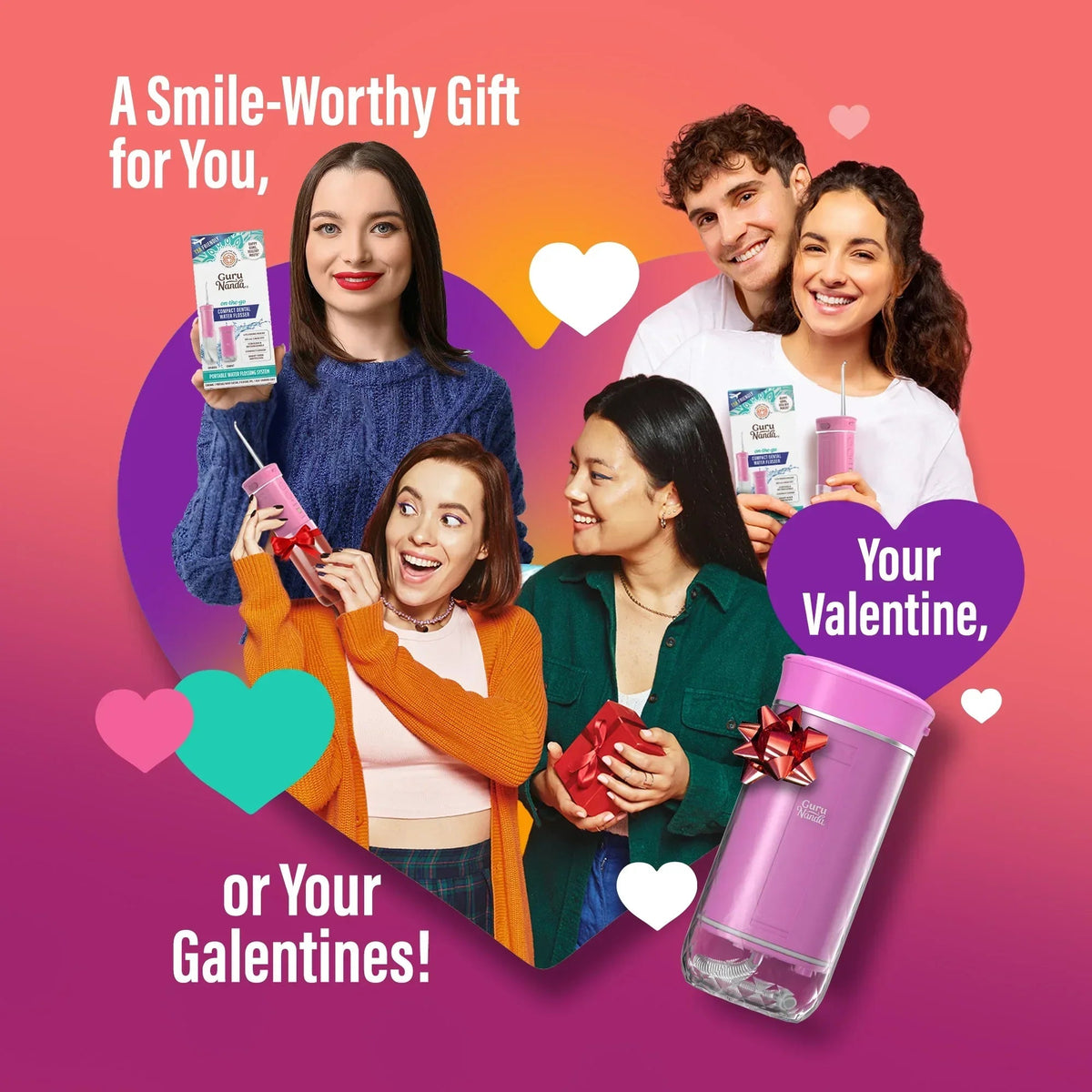 Purple pink compact dental water flosser held as Valentine’s Day gift
