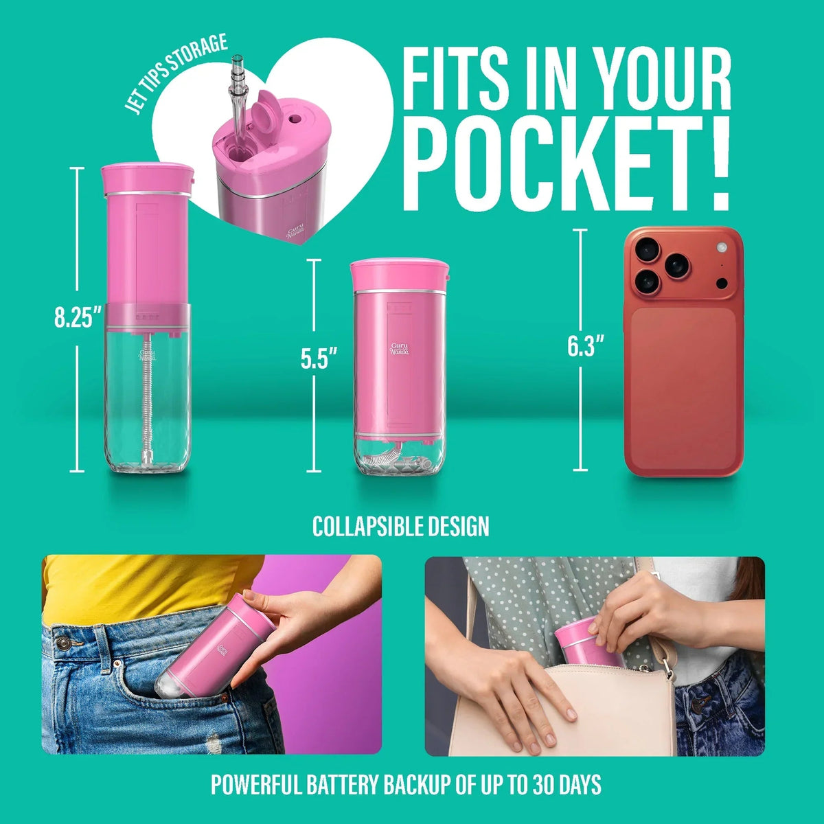 Pink compact dental water flosser with detachable water tank and nozzle