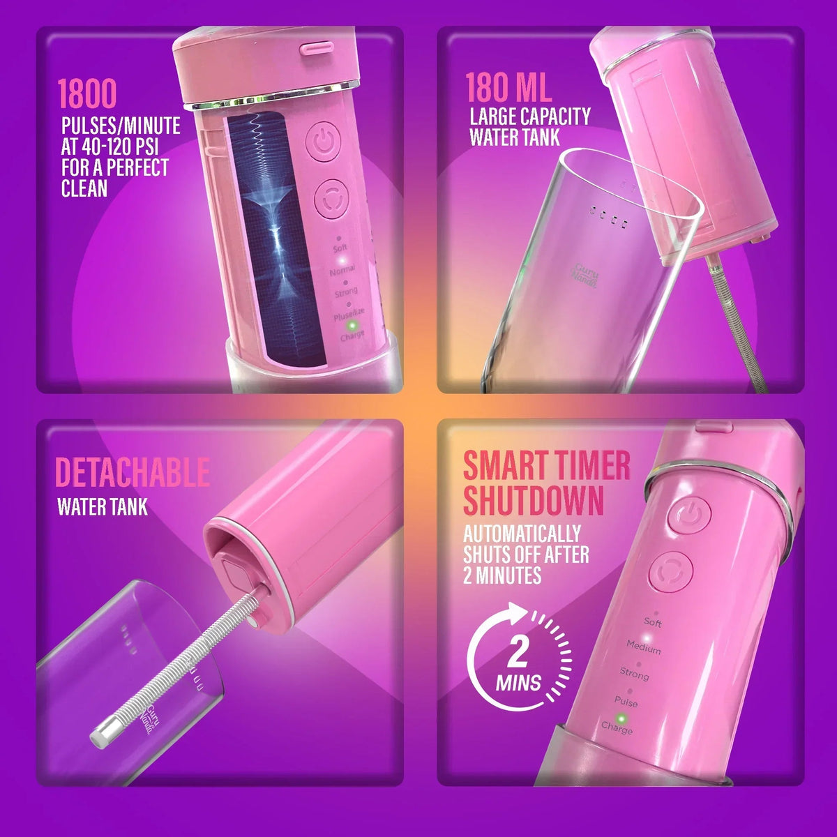 Pink compact dental water flosser with 180 ml tank and front control panel