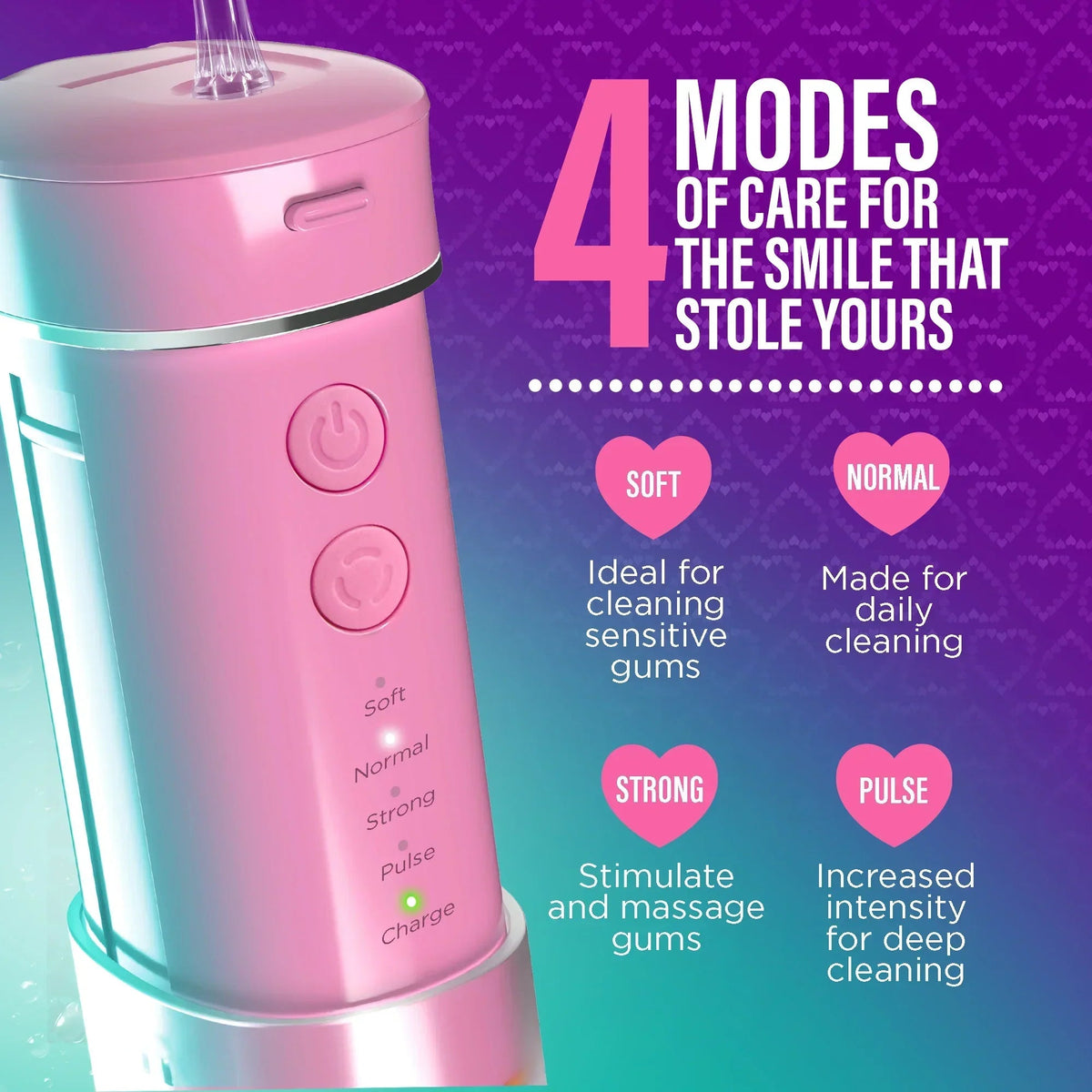 Pink compact dental water flosser with mode buttons on the handle
