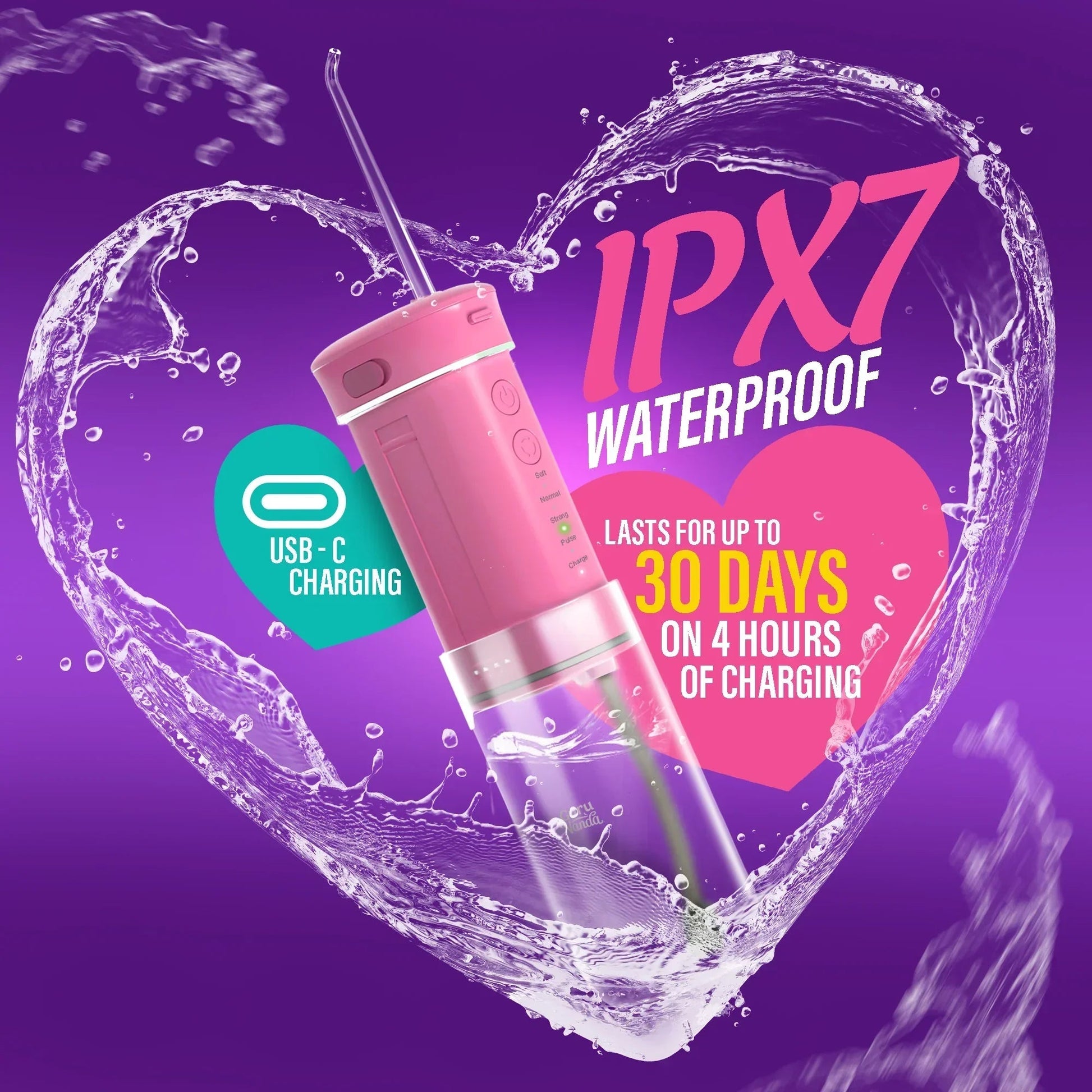 Pink waterproof compact dental water flosser with USB charging indicator
