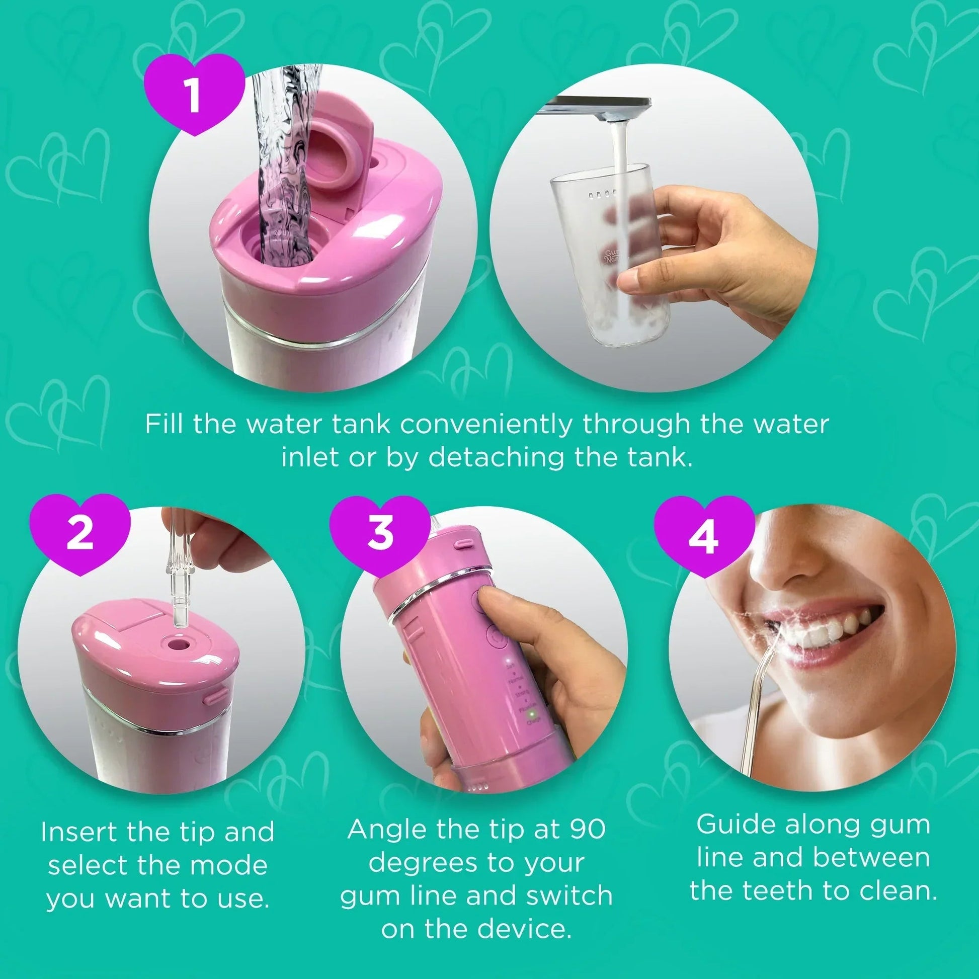 Pink compact dental water flosser in use, filling tank and inserting tip