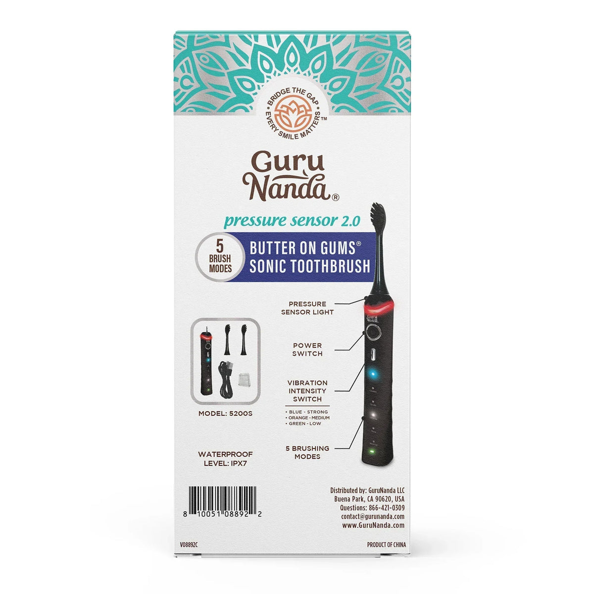 Electric toothbrush pressure sensor box back with product feature icons and specs