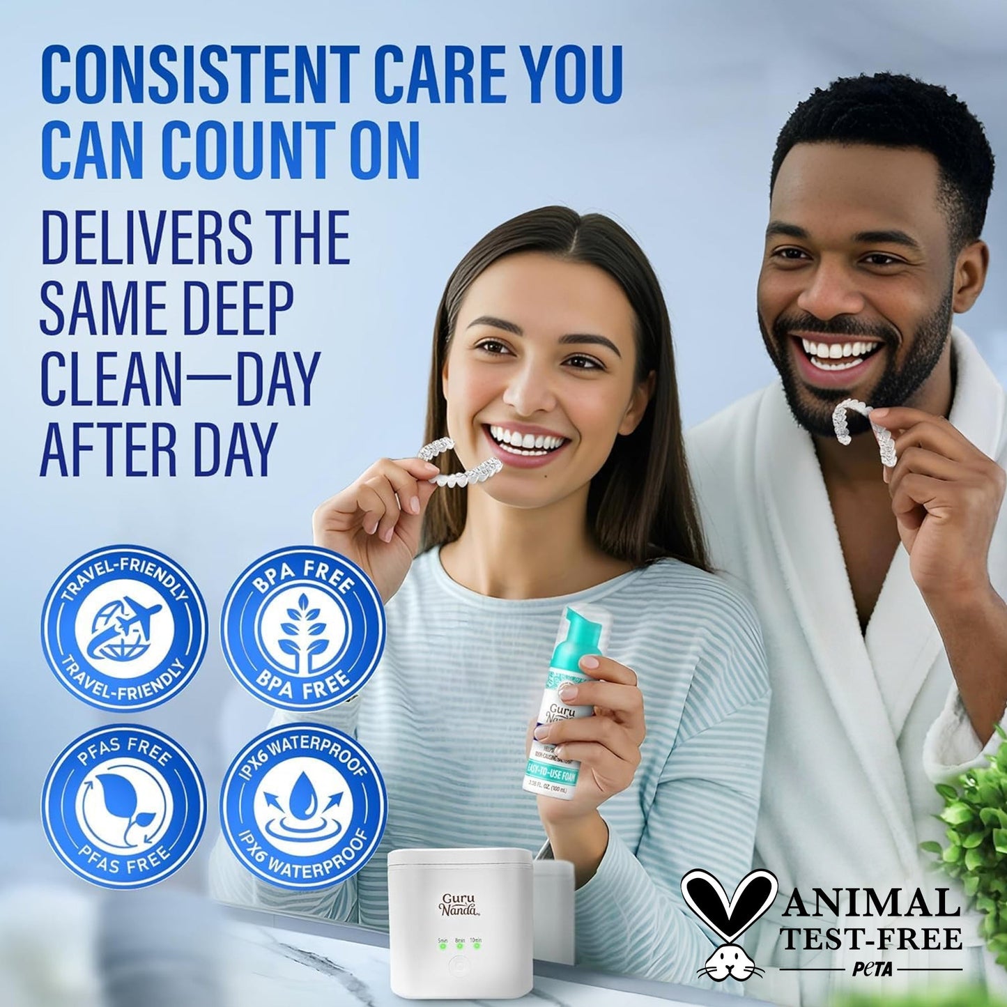 Smiling couple using Guru Nanda ultrasonic cleaner pod with foam bottle