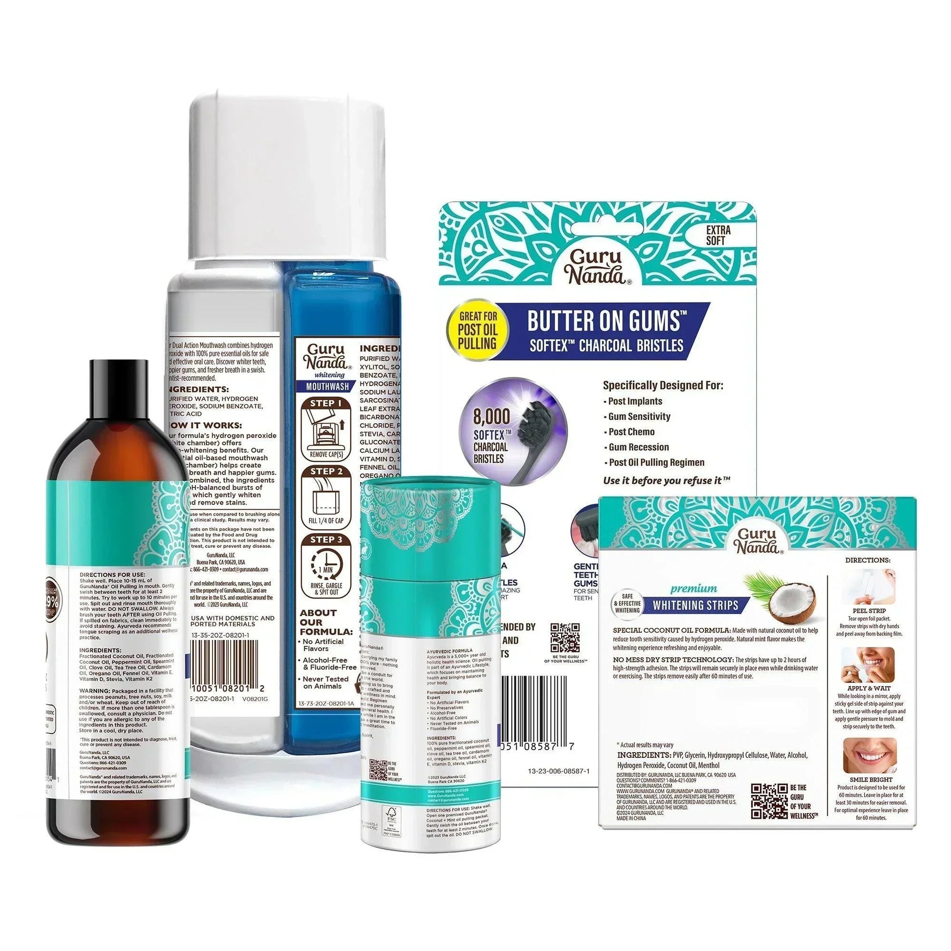 Charcoal oral care kit bottles, whitening strips package, and toothbrush with labels