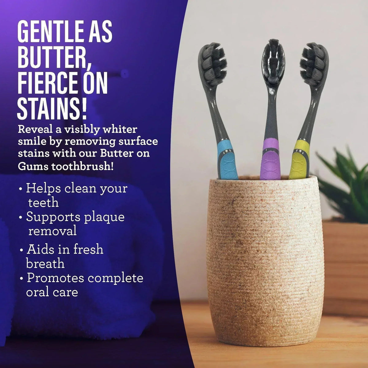 Charcoal soft-bristle toothbrushes in cup for gum care and stain removal