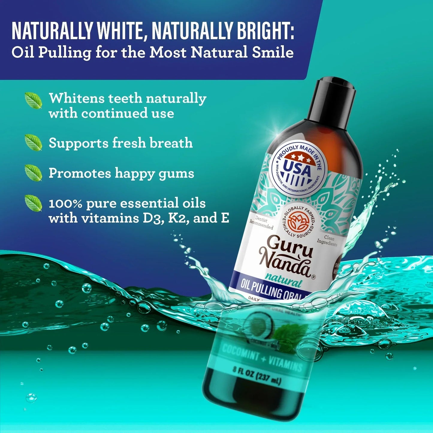 Whitening oil bottle in Total Smile Makeover Kit with droplet graphic backdrop