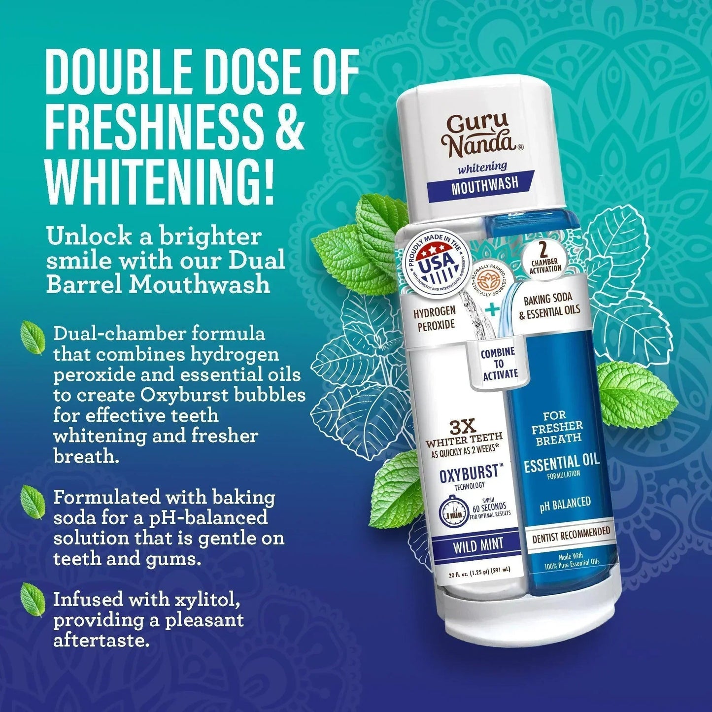 Dual barrel mouthwash bottle from Total Smile Makeover Kit with mint label design
