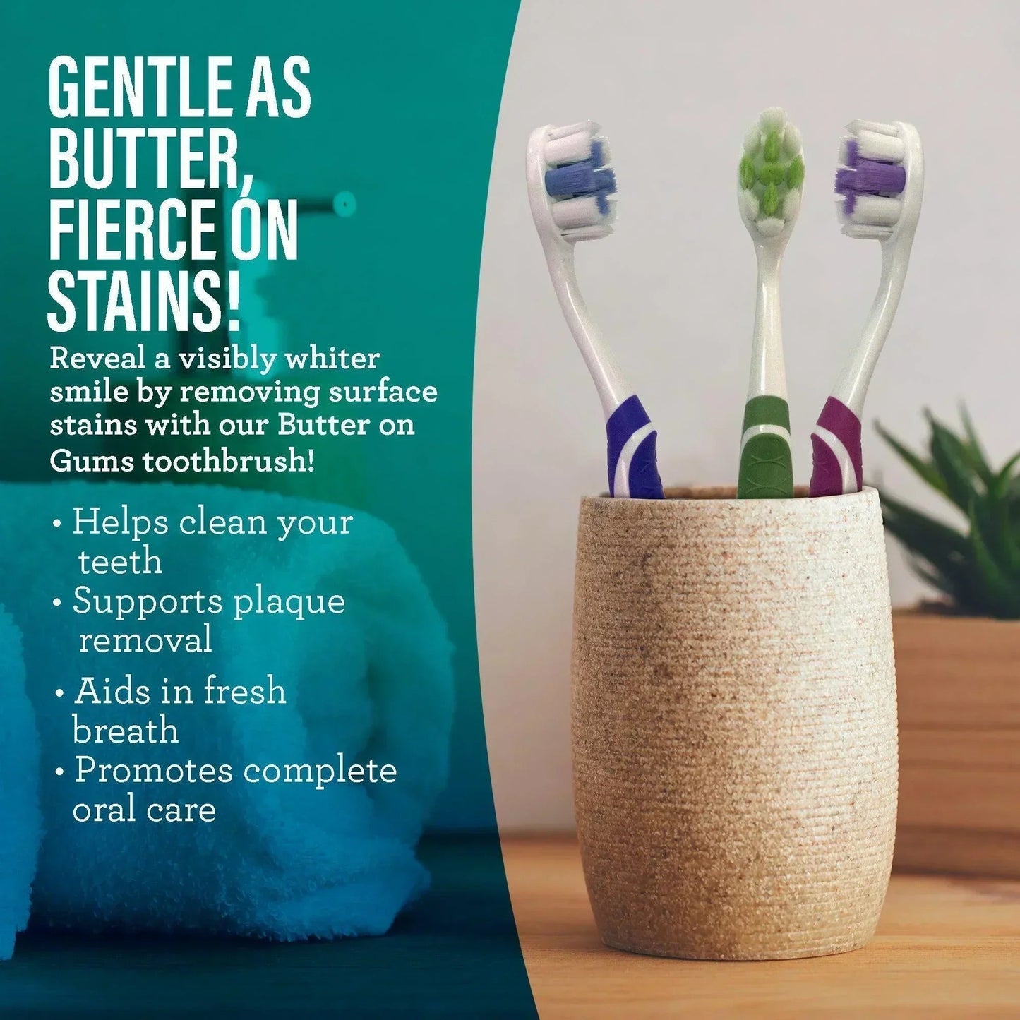 Toothbrushes in a tan cup with Total Smile Makeover Kit stain-fighting label panel