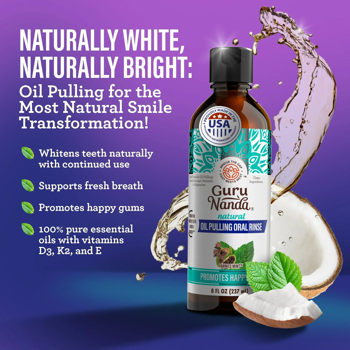 Charcoal oil pulling oral rinse bottle with ingredients and whiteening pouch