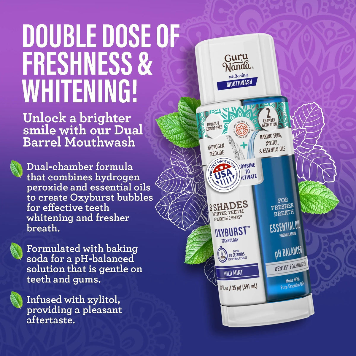 Charcoal dual barrel whitening mouthwash set with bottles and mint leaves