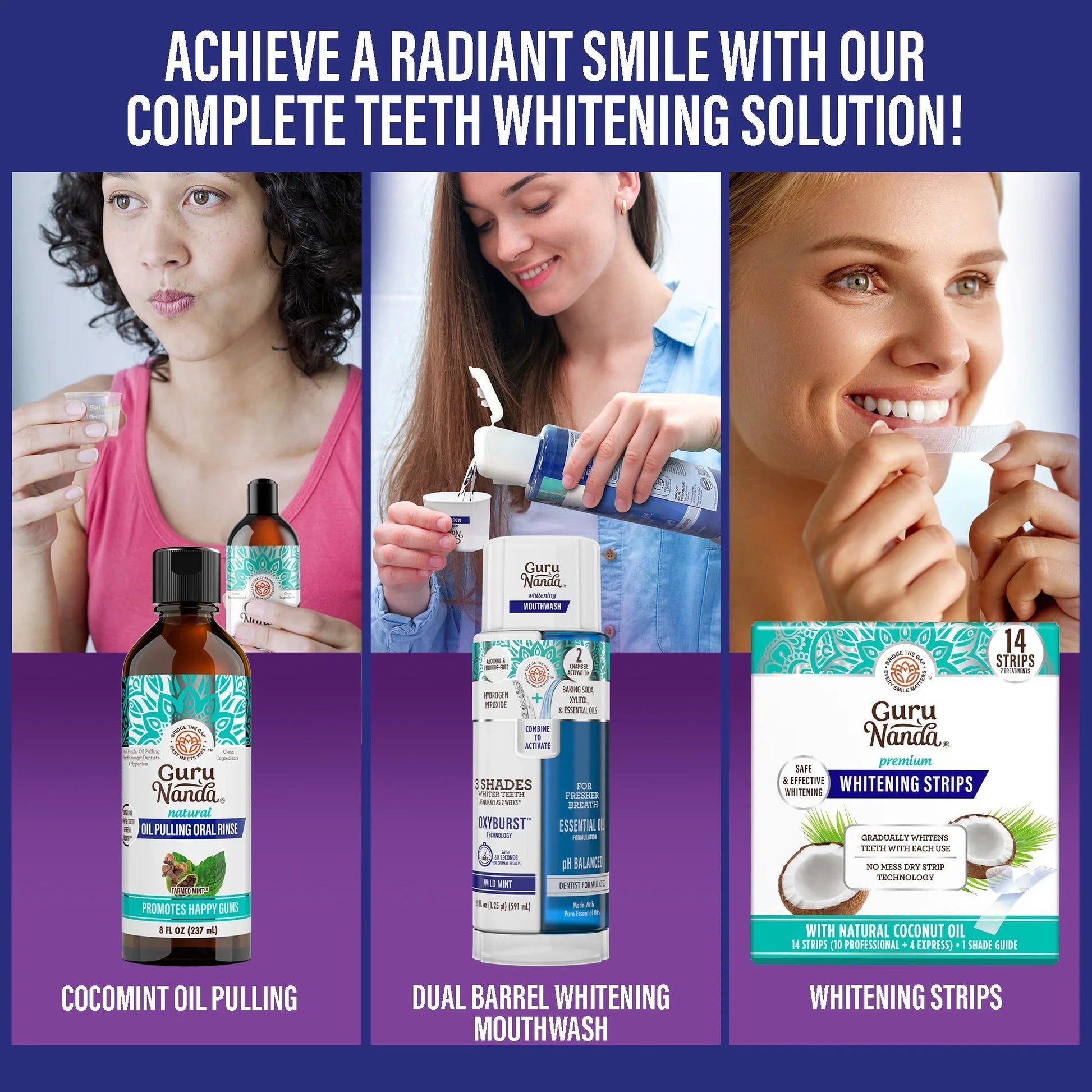 Charcoal teeth whitening kit layout featuring mouthwash, oil pulling, and whitening strips