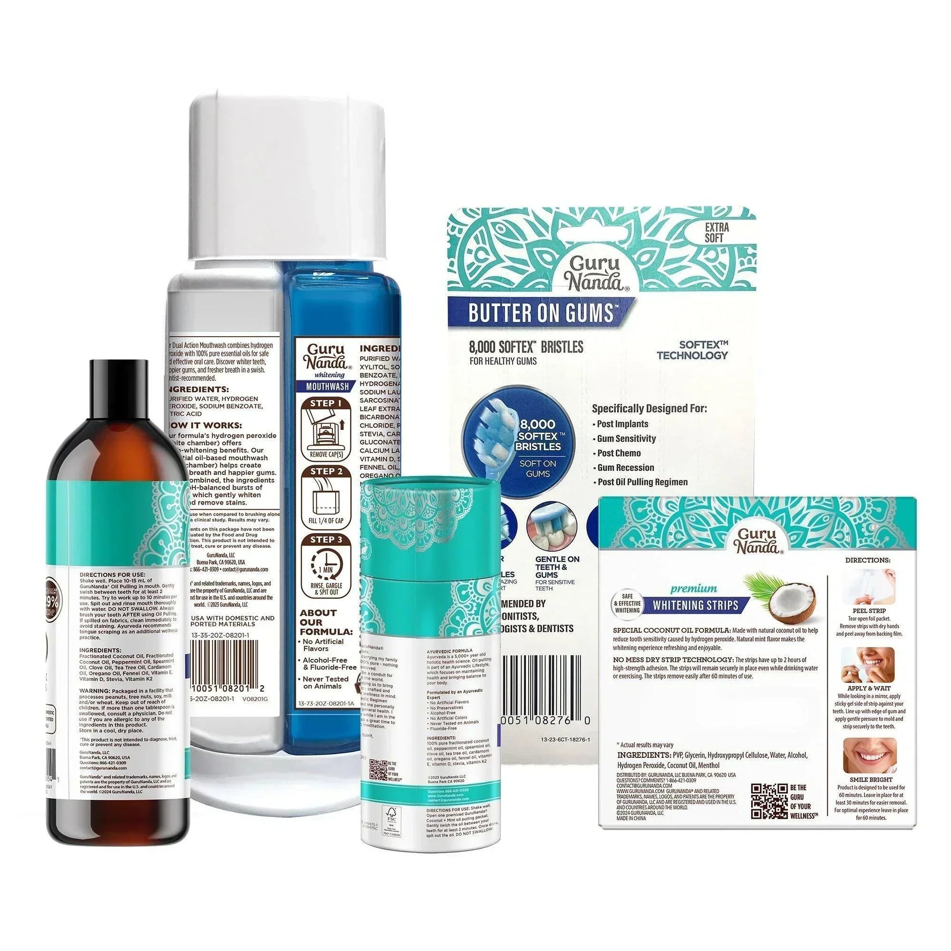 Total Smile Makeover Kit bottles and whitening strip pack in a grouped product layout