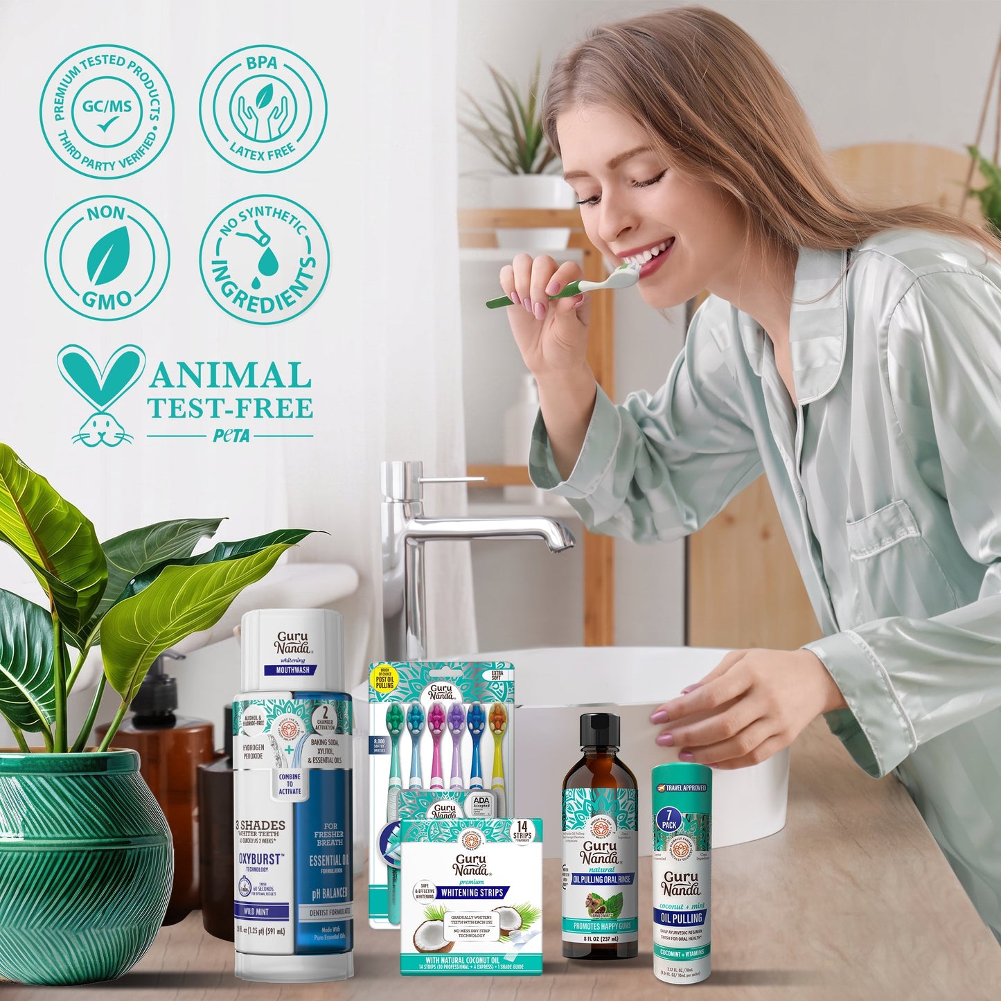 Woman using a toothbrush with Total Smile Makeover Kit items on table