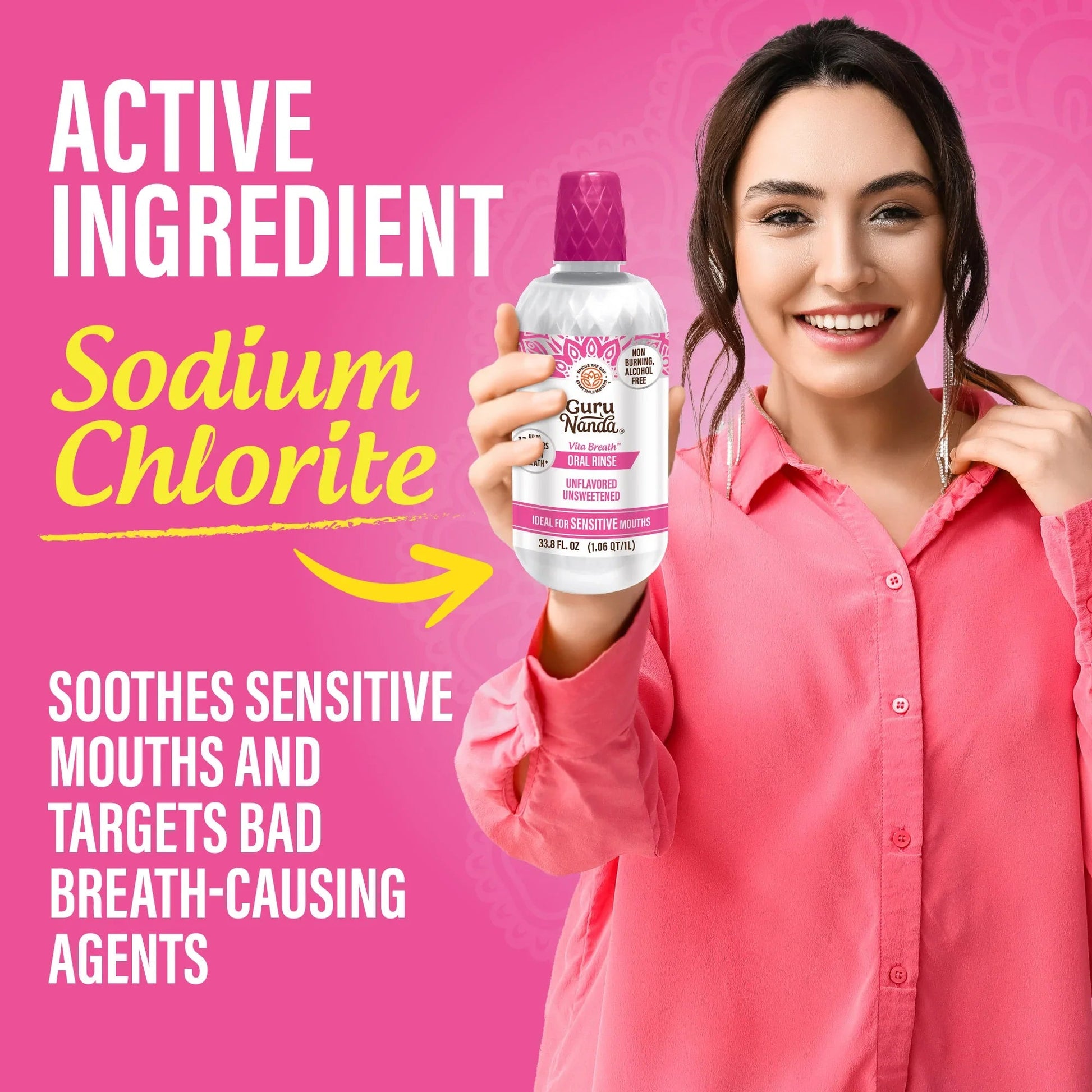 Unflavored oral rinse bottle held by smiling woman, featuring sodium chlorite