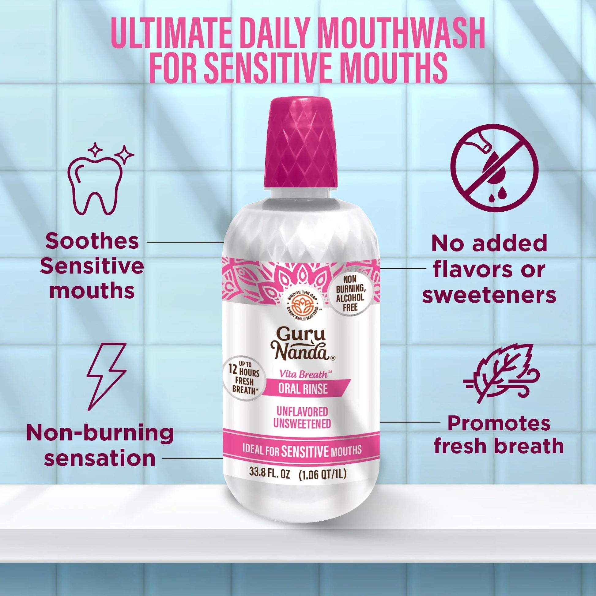 Unflavored mouth rinse bottle on tiled background with no added flavors icons
