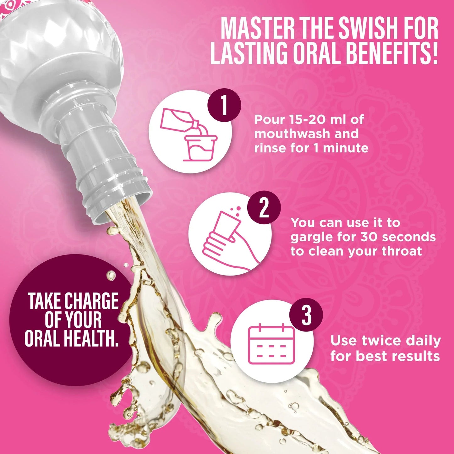 Unflavored oral rinse graphic with swish steps and icons for 1-minute rinse