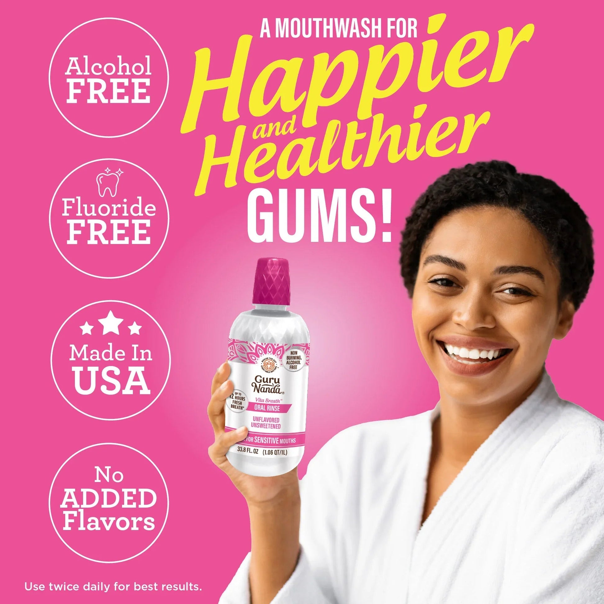 Alcohol-free oral rinse bottle with “Fluoride free” and “Made in USA” icons