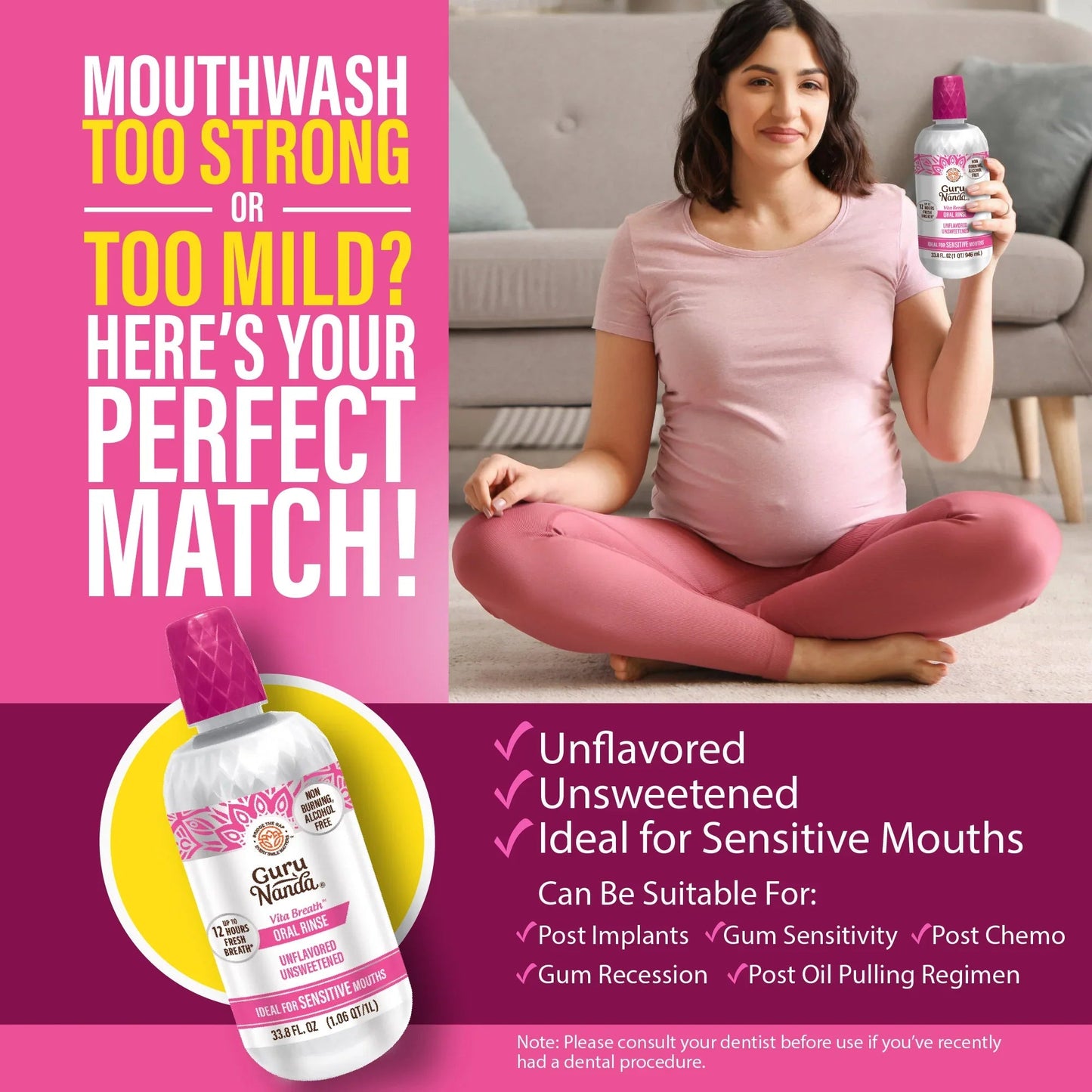Unflavored oral rinse bottle held by woman, “Unflavored Unsweetened” callouts
