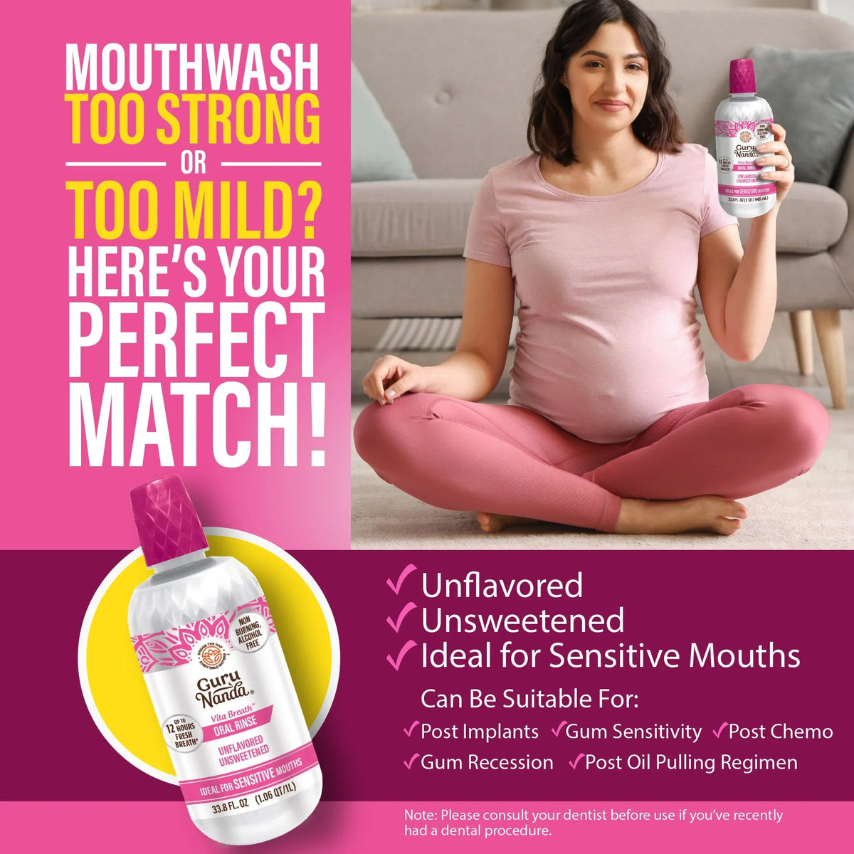 Unflavored oral rinse bottle held by woman, “Unflavored Unsweetened” callouts
