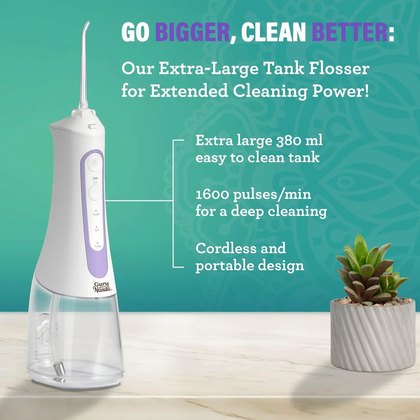 White dental water flosser with clear 380 ml tank, standing unit with long nozzle