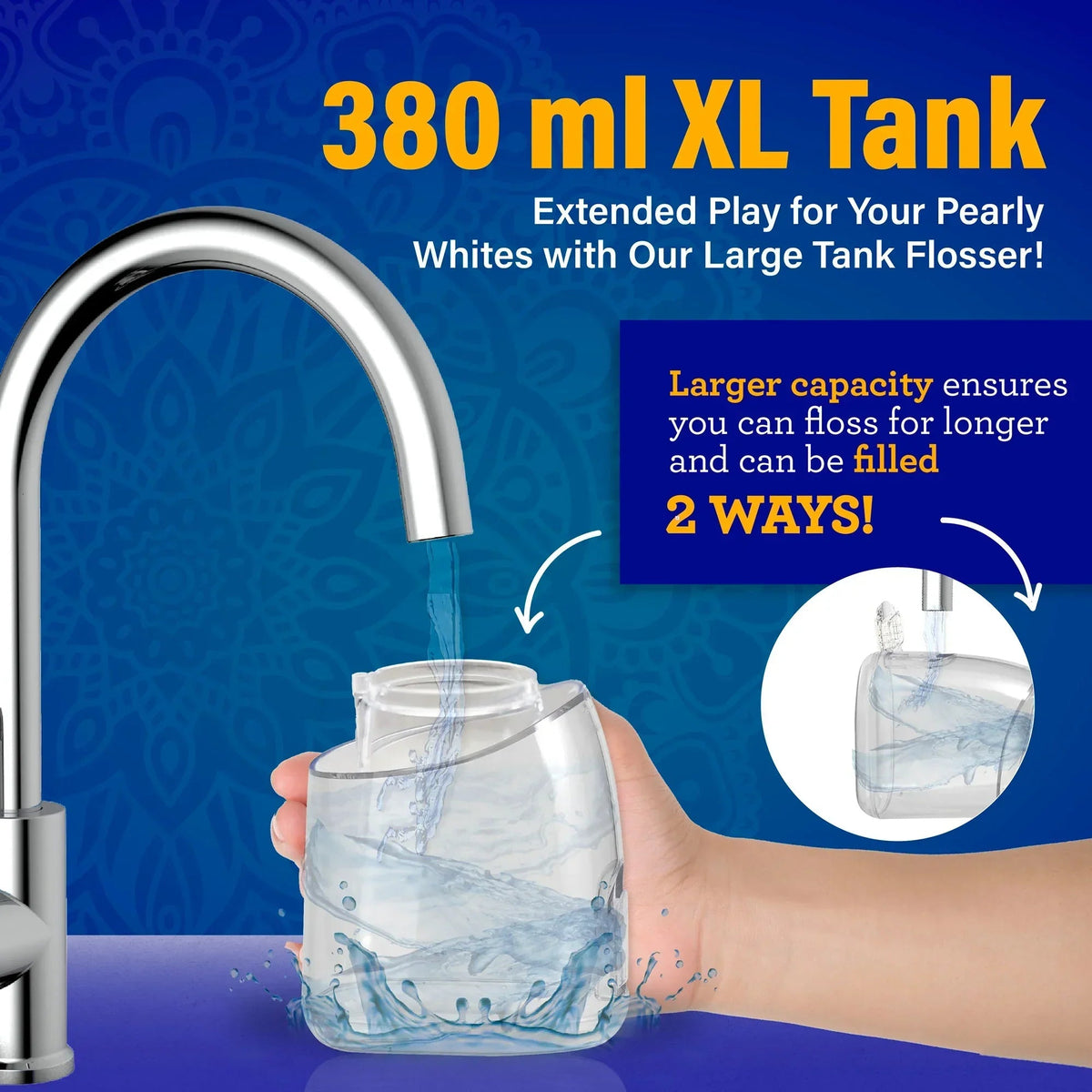380 ml XL dental water flosser tank reservoir shown with filling stream