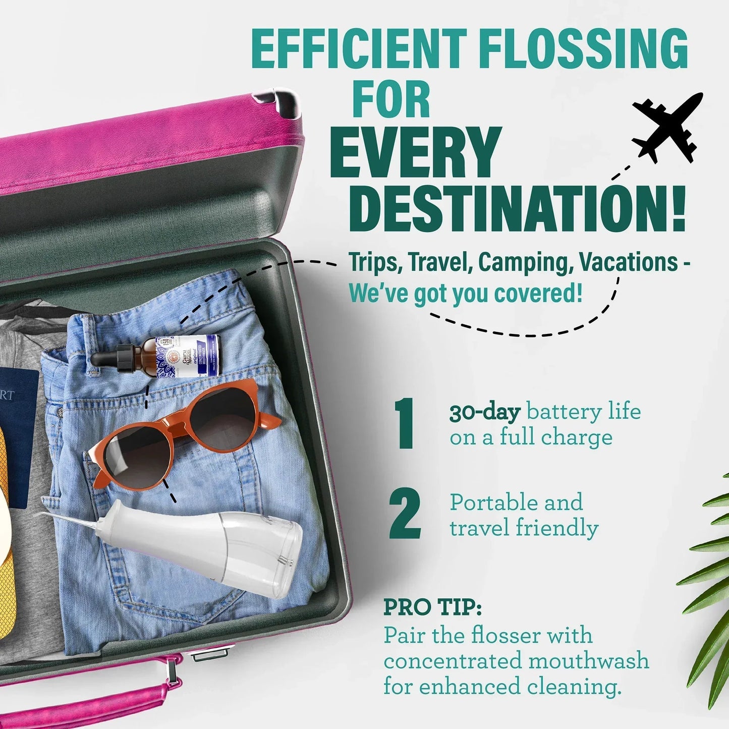 Portable rechargeable dental water flosser with accessories in open travel case