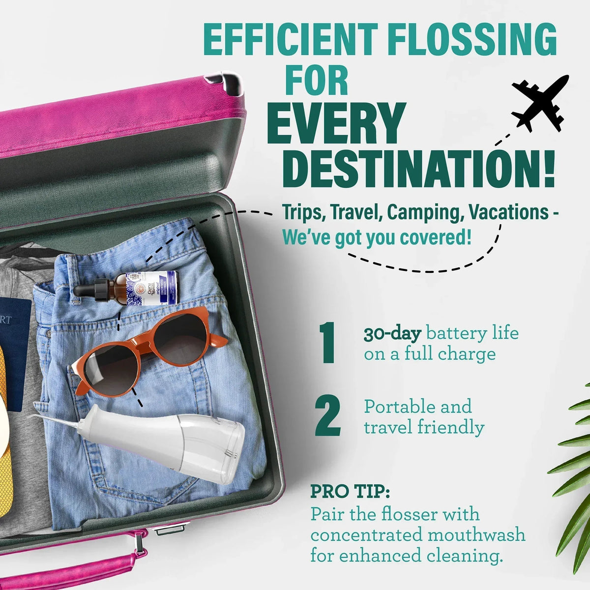 Portable rechargeable dental water flosser with accessories in open travel case