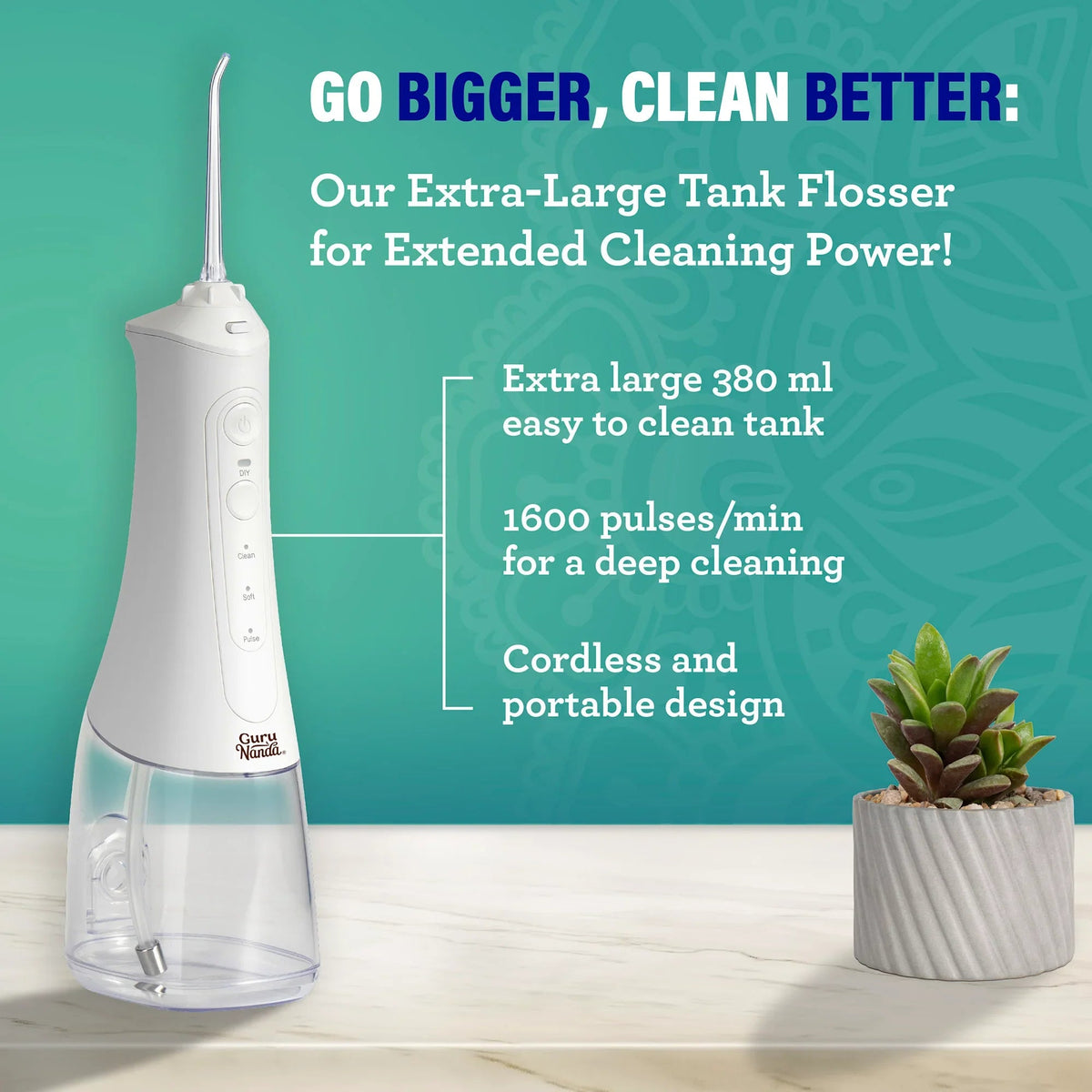 White cordless dental water flosser with clear extra-large tank and long metal nozzle