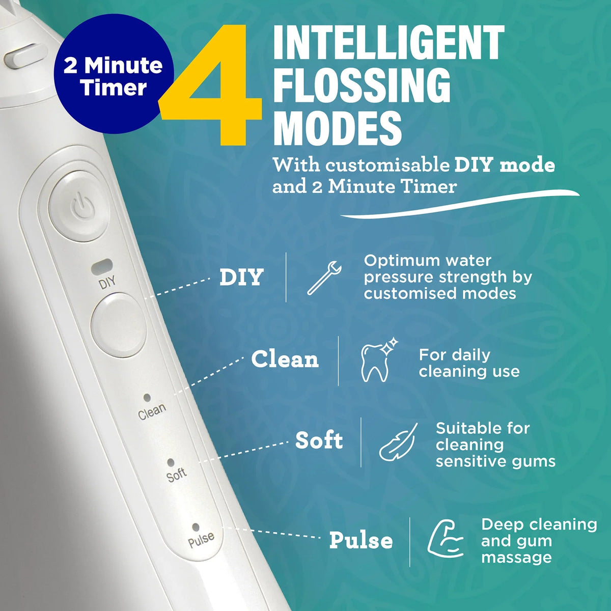 White dental water flosser handle with control buttons and extended nozzle