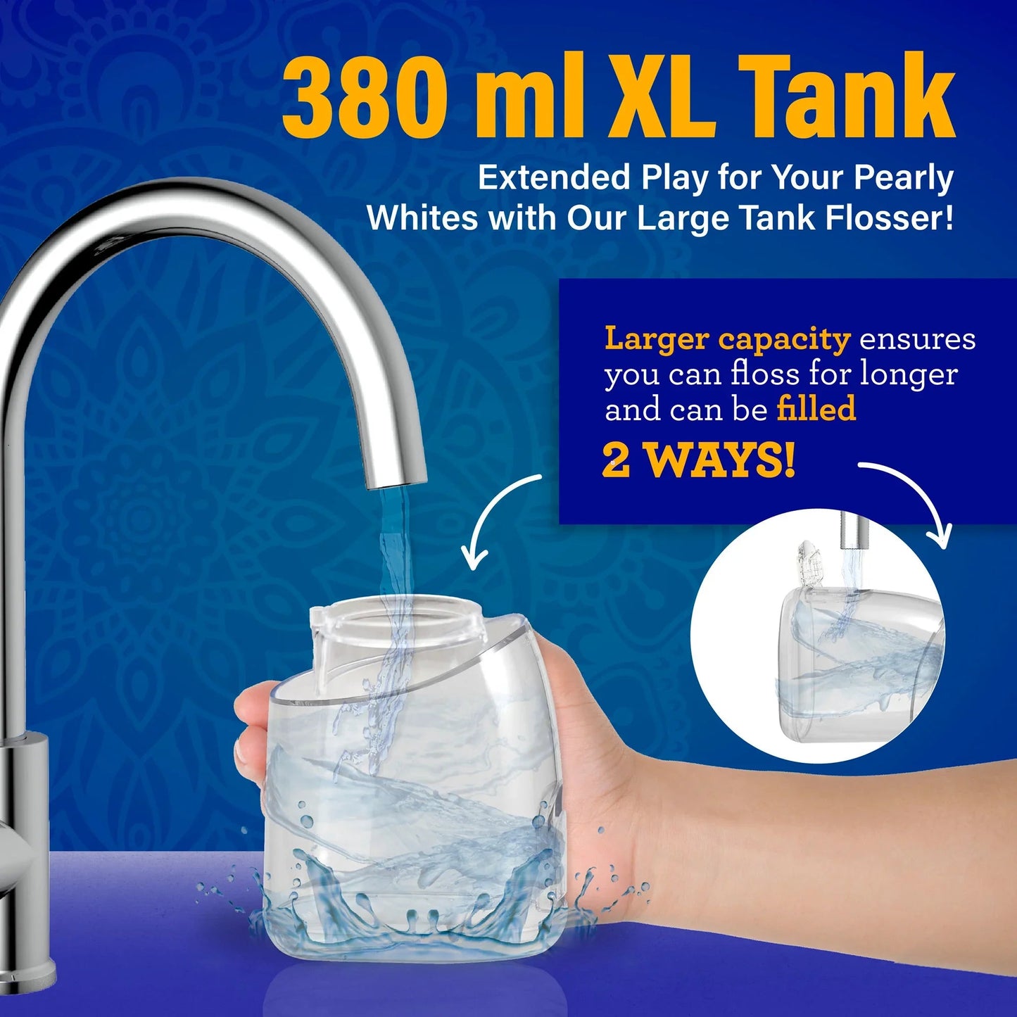 XL 380 ml dental water flosser tank with clear reservoir and metal dispensing spout