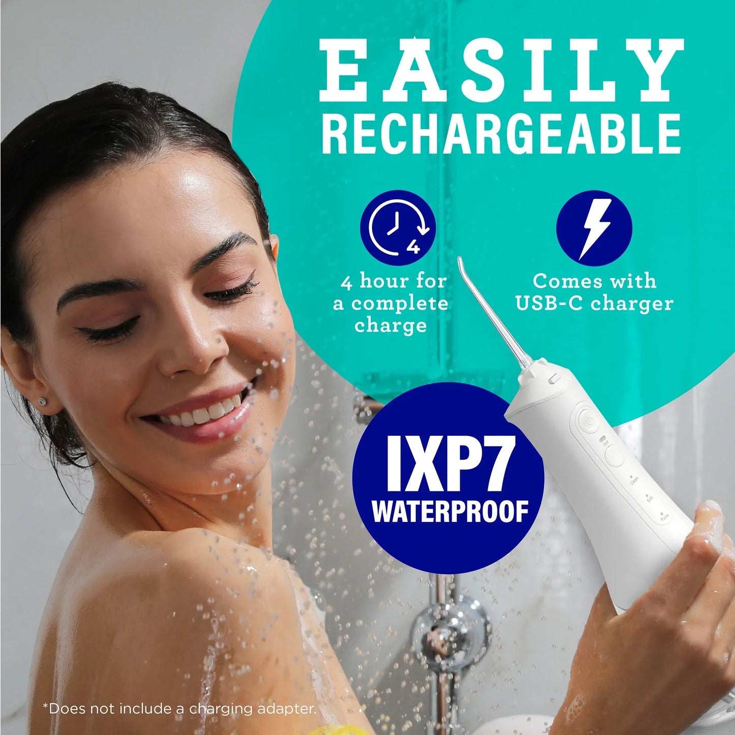 Waterproof cordless dental water flosser in white with long nozzle for rinsing