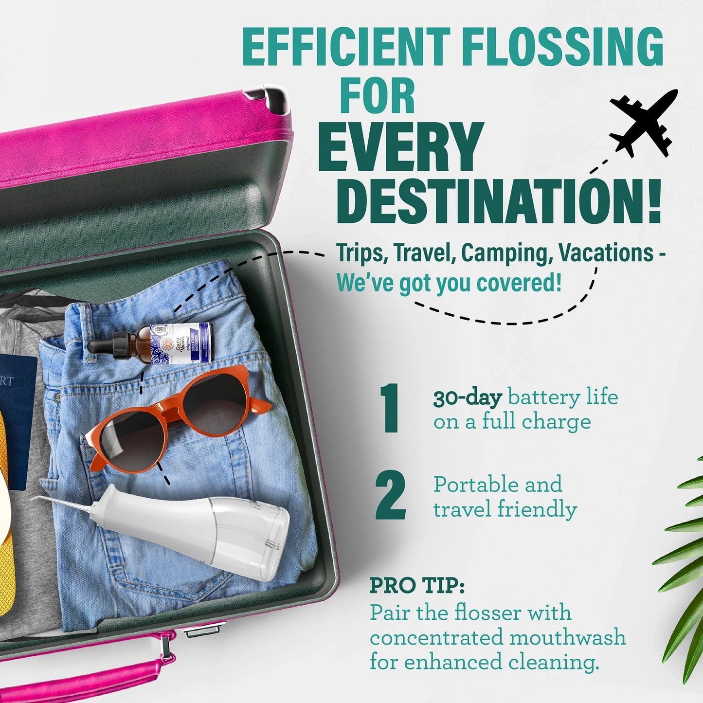 Portable white dental water flosser with nozzle shown for travel use
