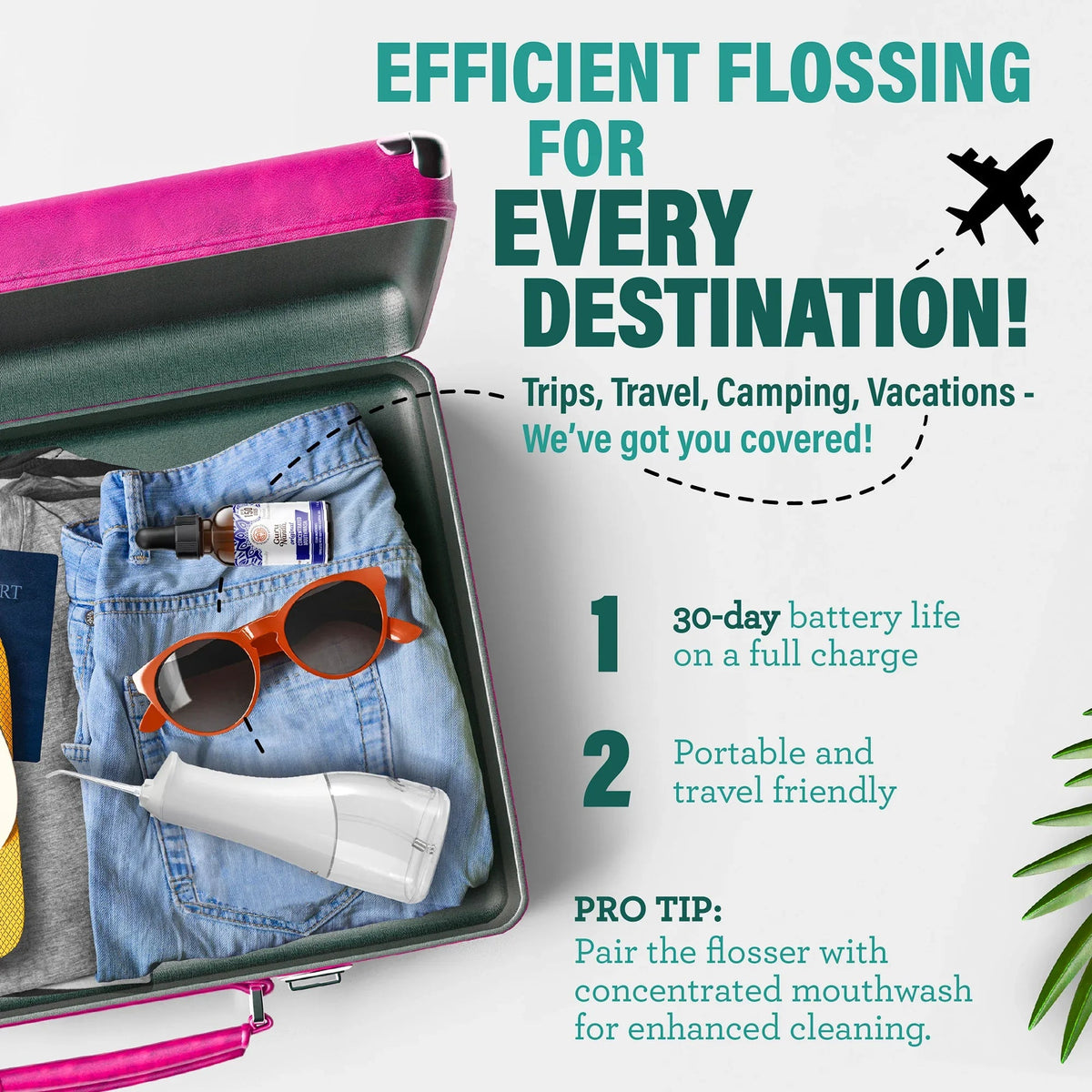 Portable white dental water flosser with nozzle shown for travel use