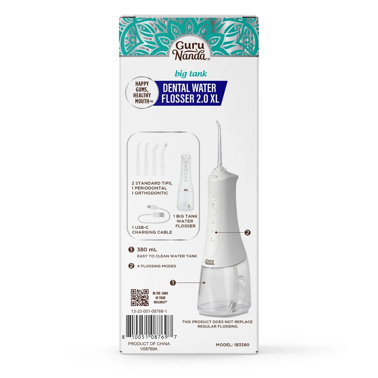 Dental water flosser product box with image of white XL 380 ml flosser and tips