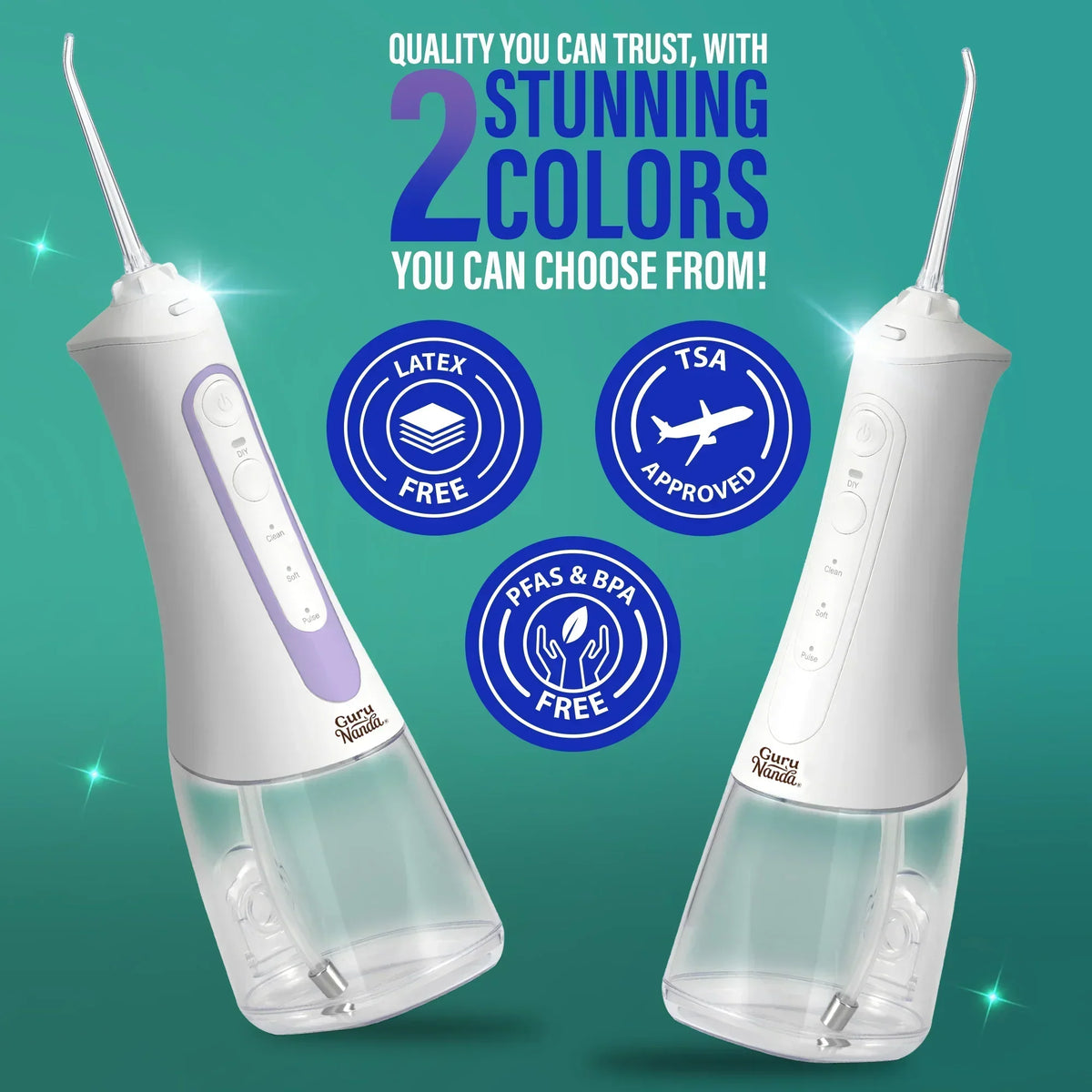 Two dental water flossers in white with lavender and mint reservoirs
