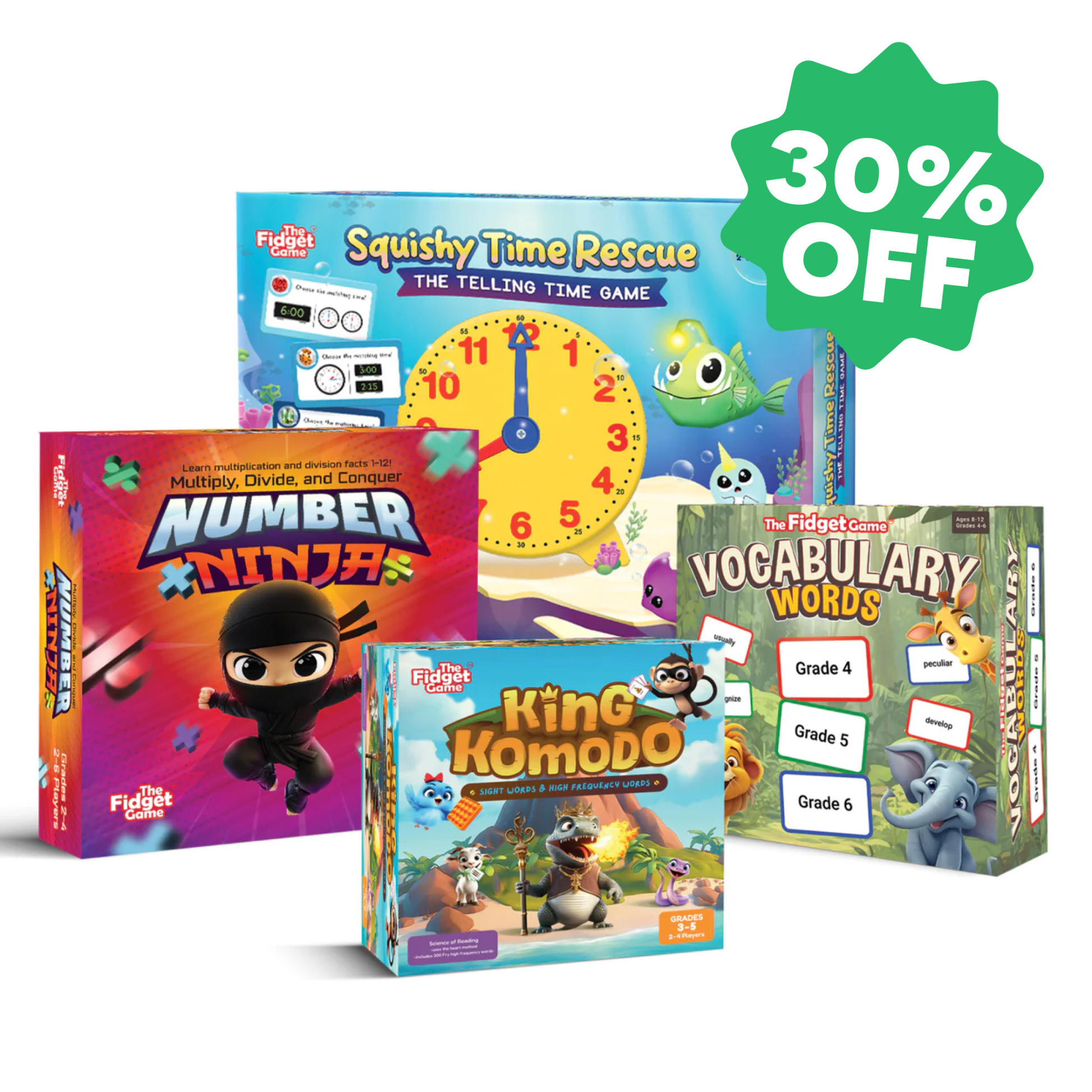 King Komodo board game box with other Fidget Game boxes marked 30% off