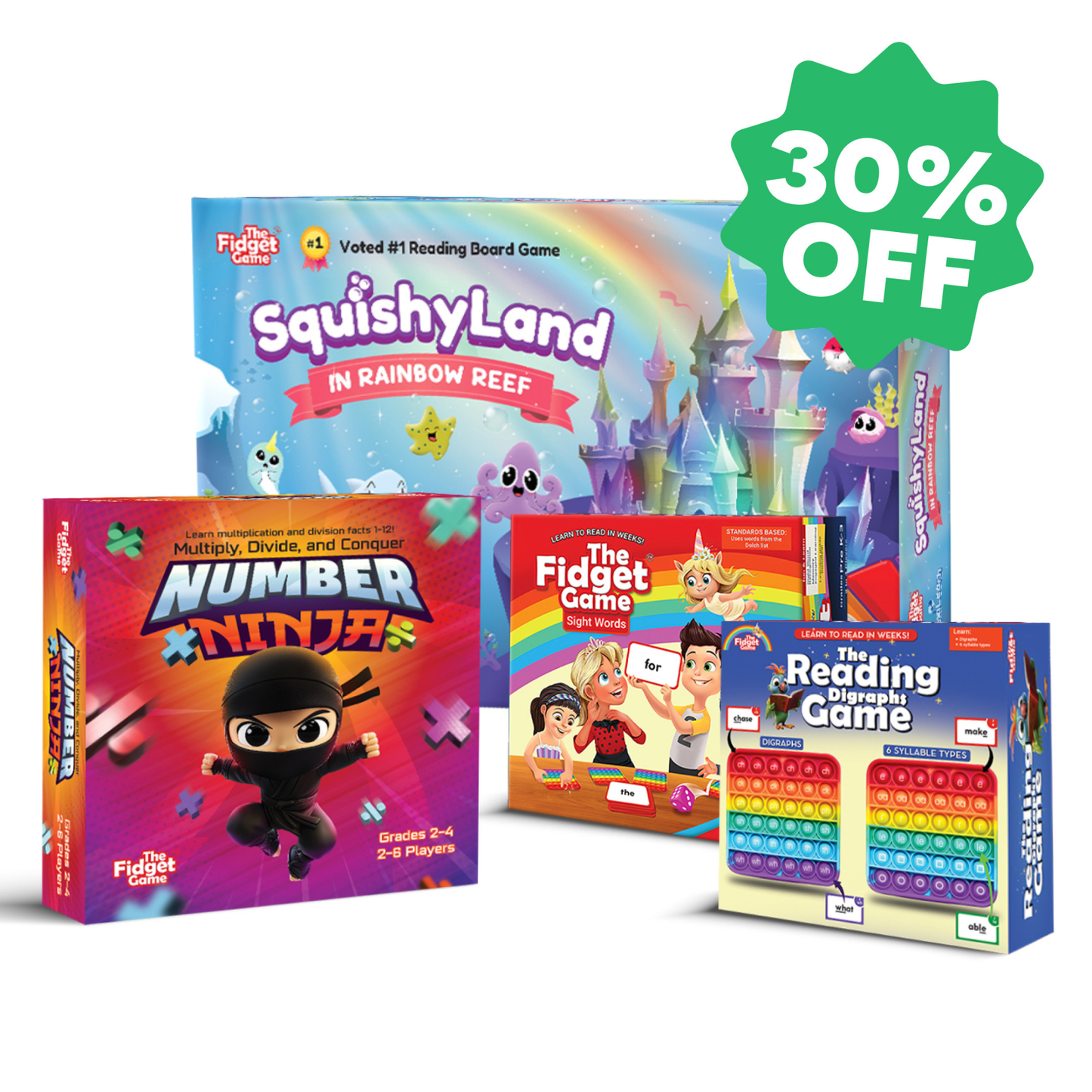 Bundle of Fidget Game boxed sets with 30% off badge