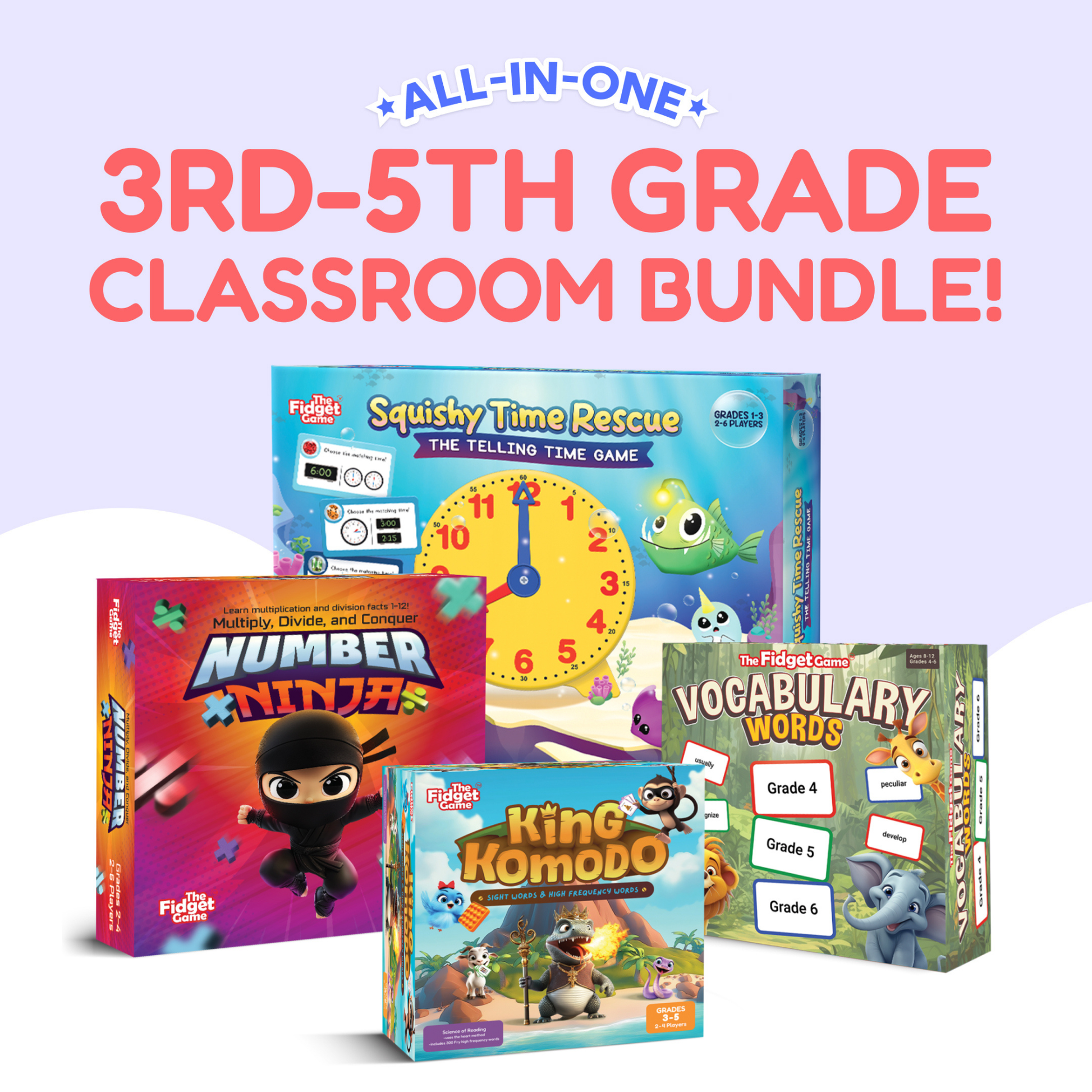 3rd–5th grade classroom bundle showing multiple Fidget Game boxes including King Komodo