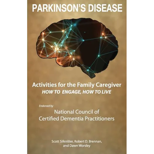 Paperback book with brown cover, Parkinson's Disease title, and glowing brain graphic