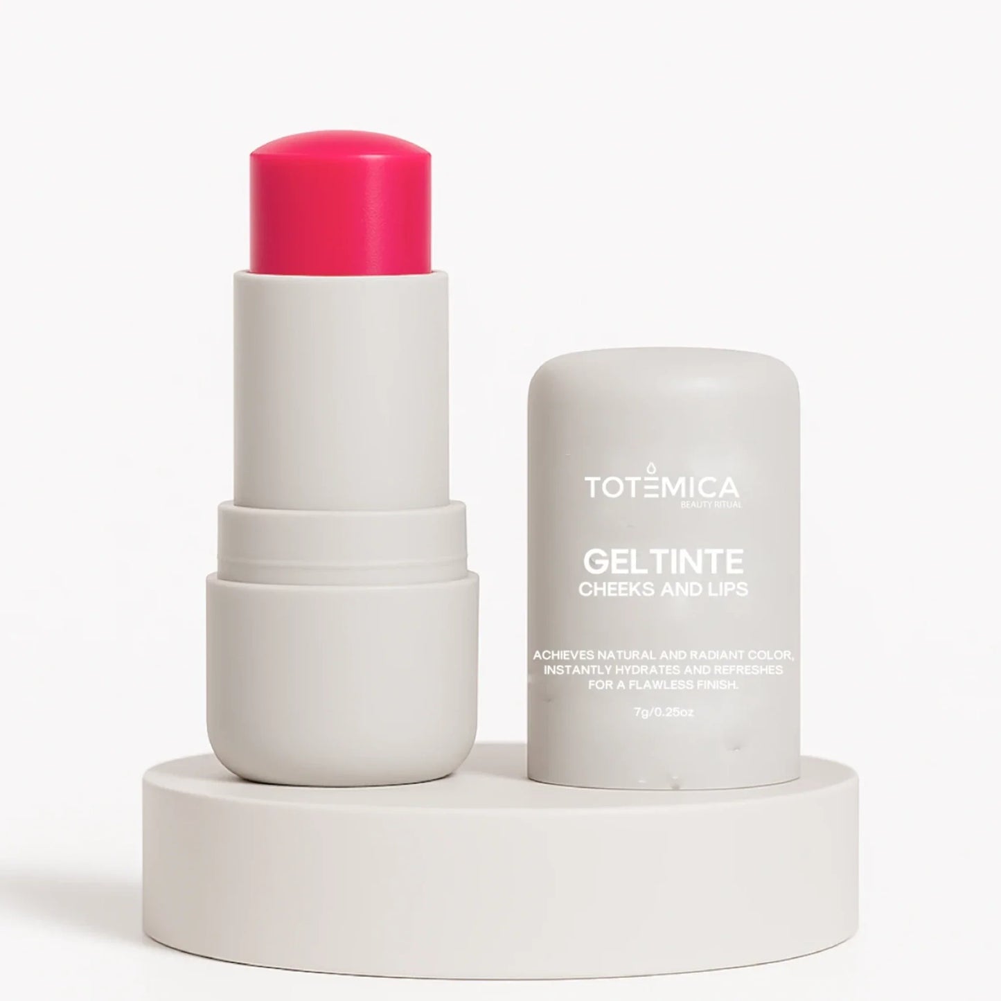 Gel tint for cheeks and lips with pink-red cap, white tube and cylindrical container