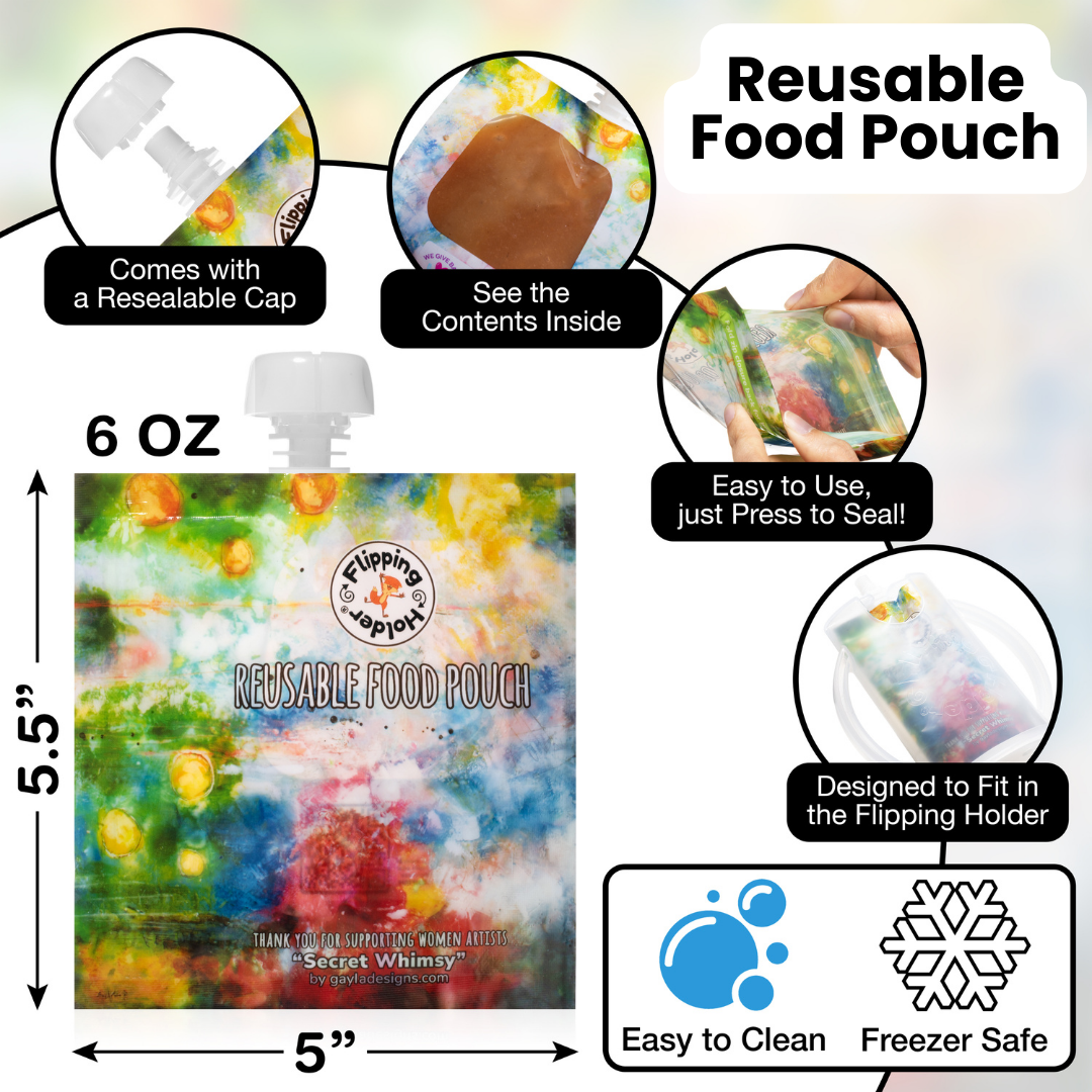 Reusable food pouch with resealable cap and printed pouch pack