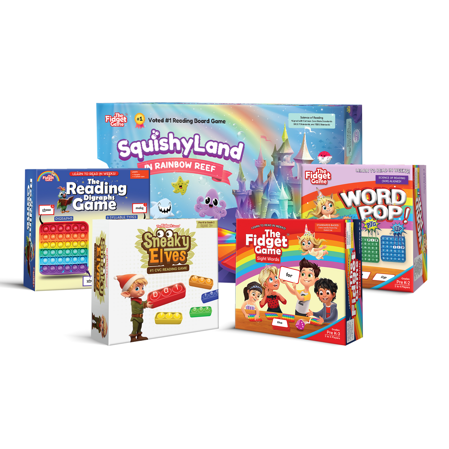 Multiple The Fidget Game reading products including rainbow fidget mat sets