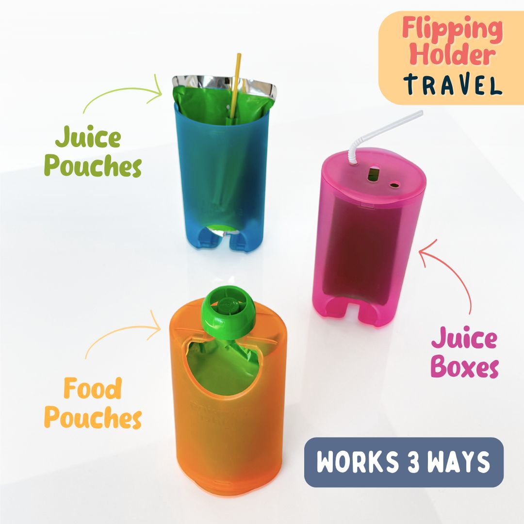 Flipping travel holder set with flip bases and lids in teal, pink, orange, and green